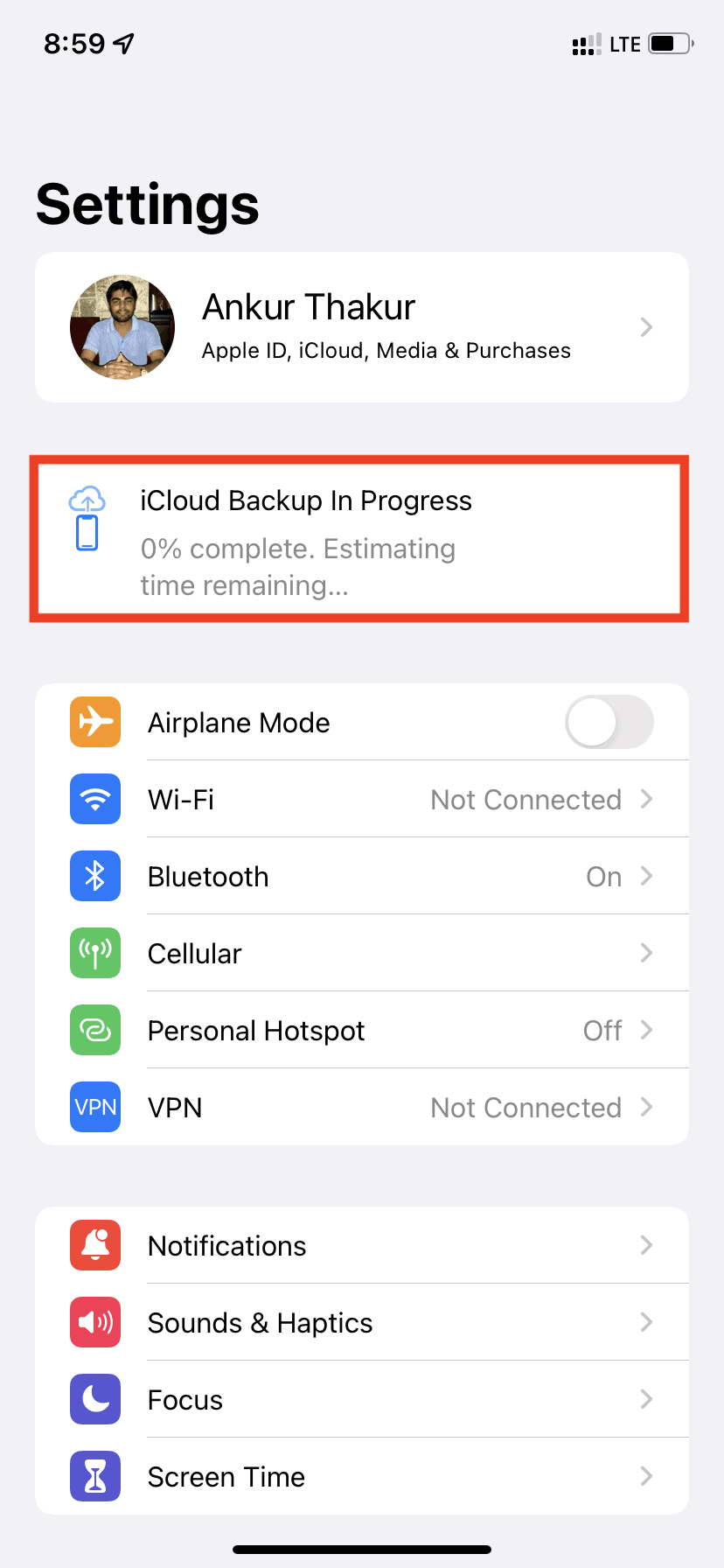 Stato di avanzamento del backup iCloud temporaneo