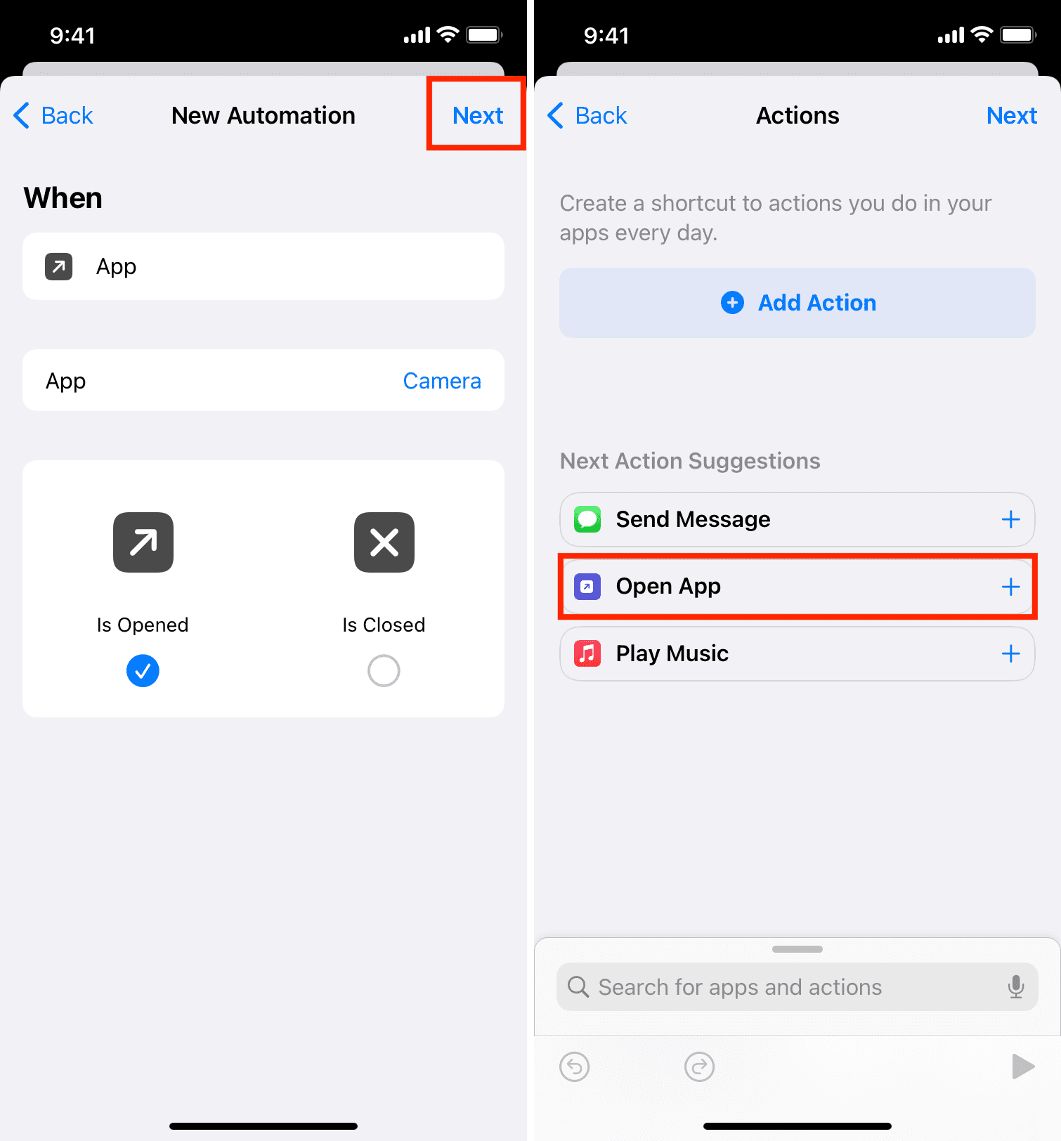 Seleziona l'azione Apri app nell'app Collegamenti iPhone