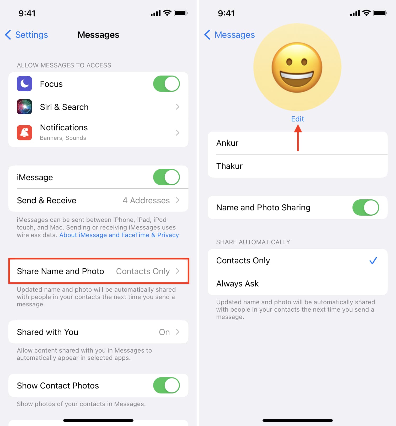 Modifica l'immagine del profilo di iMessage