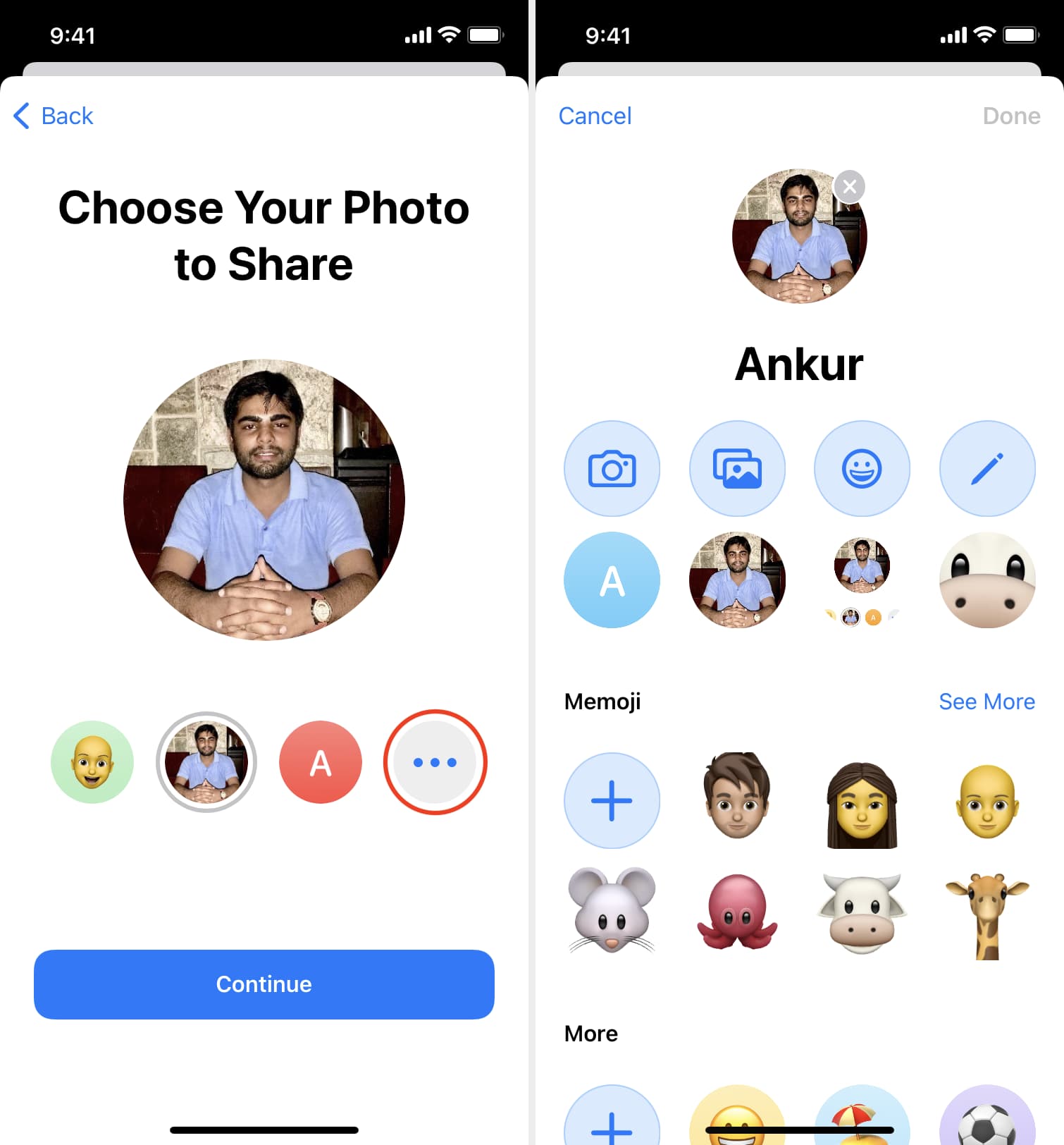 Scegli la tua foto da condividere nelle impostazioni dei messaggi di iPhone