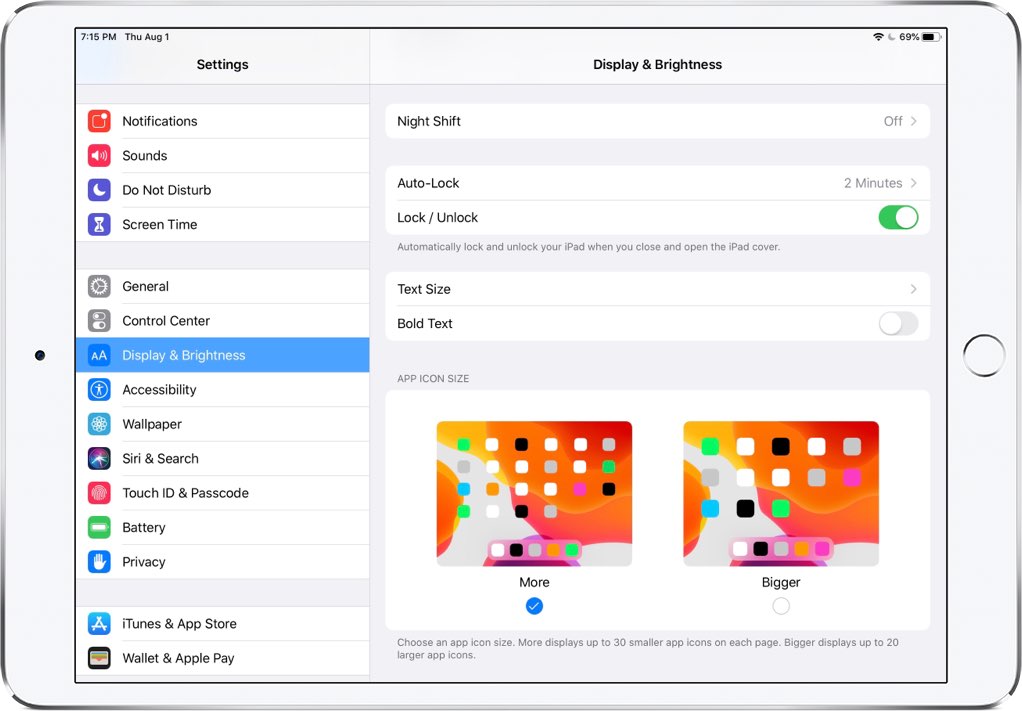 Impostazioni della dimensione dell'icona dell'app su iPad