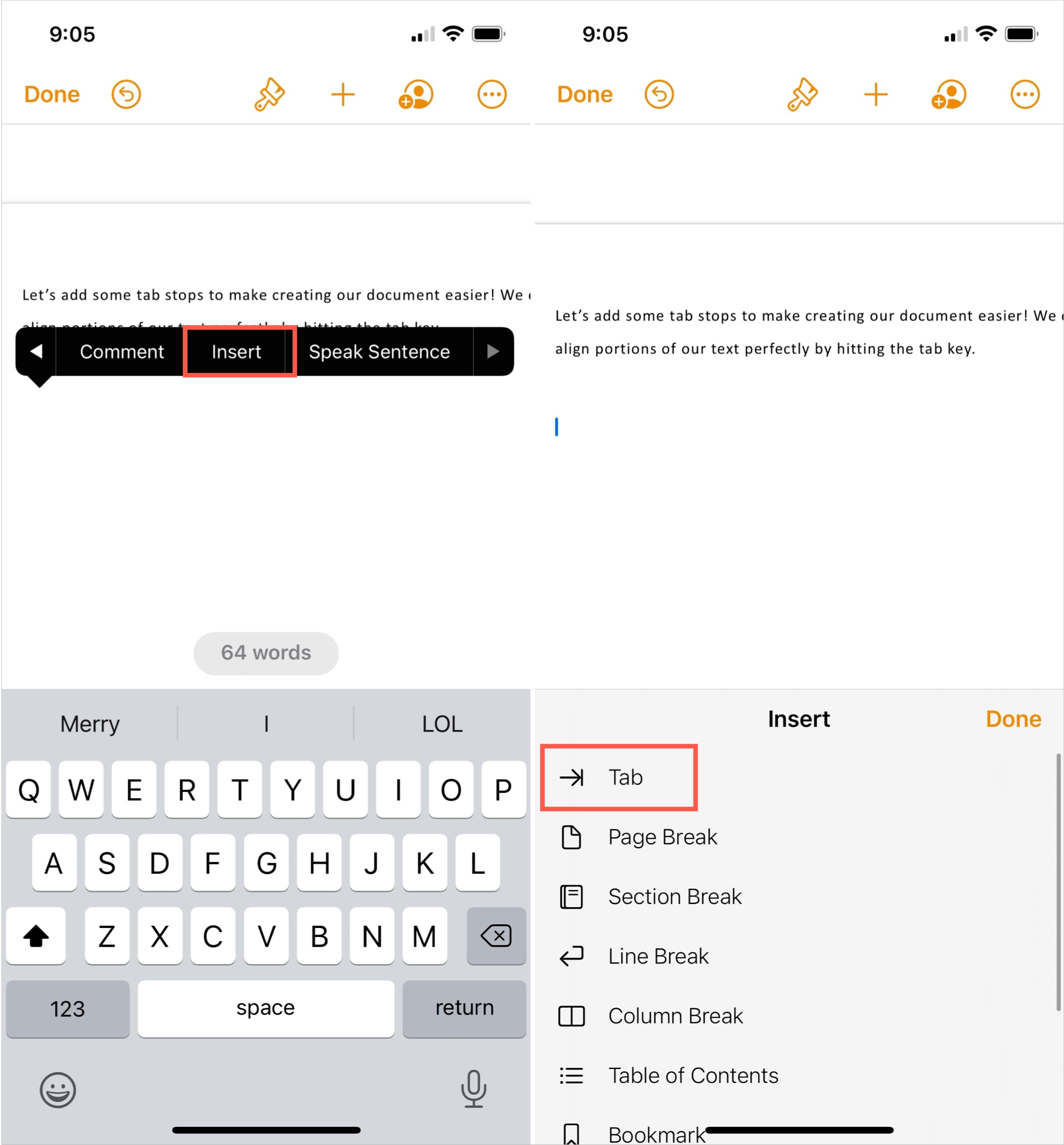 Inserisci una scheda in Pages su iPhone