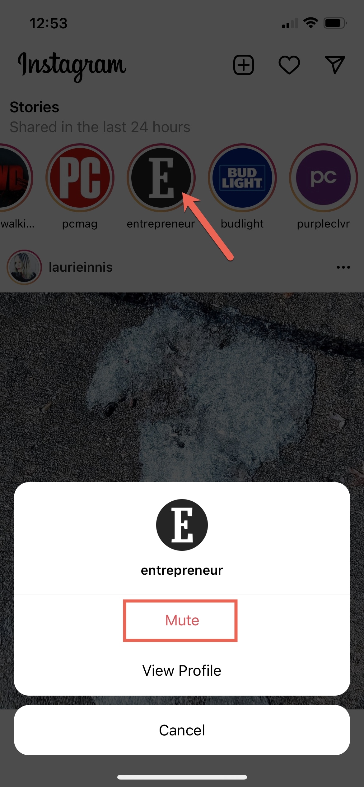 Nascondi storia di Instagram con muto