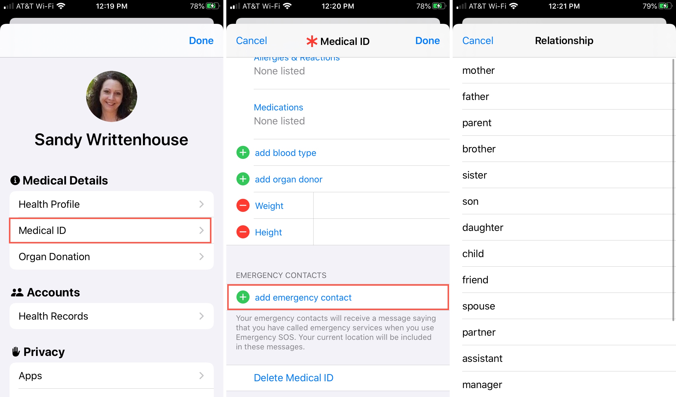 Salute ID medico Contatti di emergenza iPhone