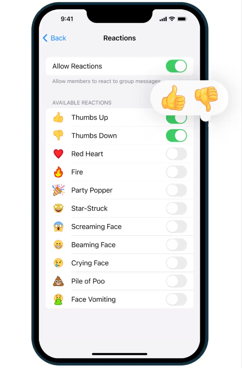 Uno screenshot di Telegram per iPhone che mostra come attivare o disattivare le reazioni emoji disponibili per una chat di gruppo
