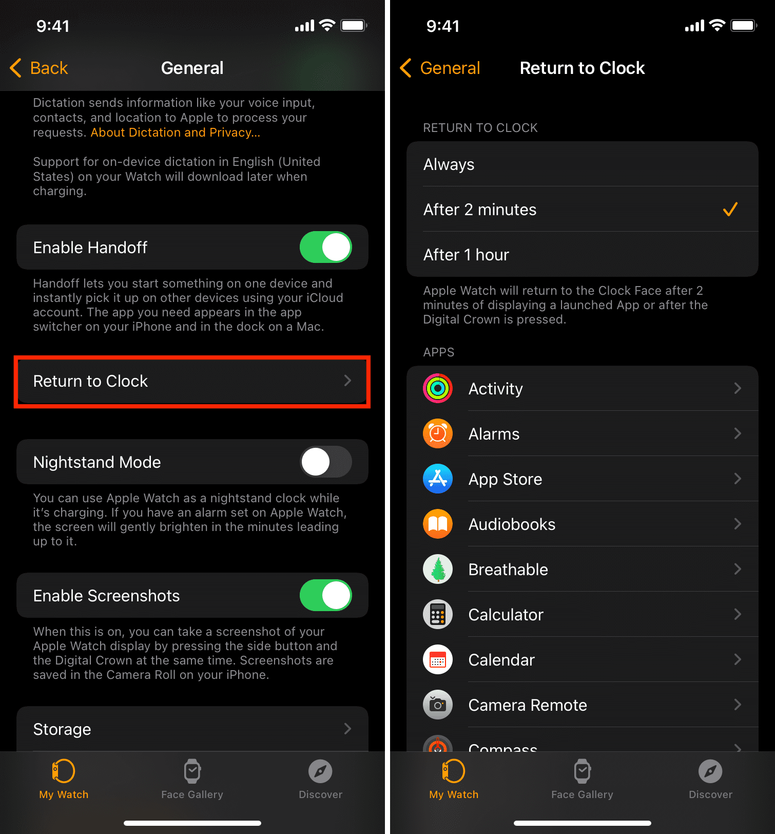 Torna alle impostazioni dell'orologio su Apple Watch