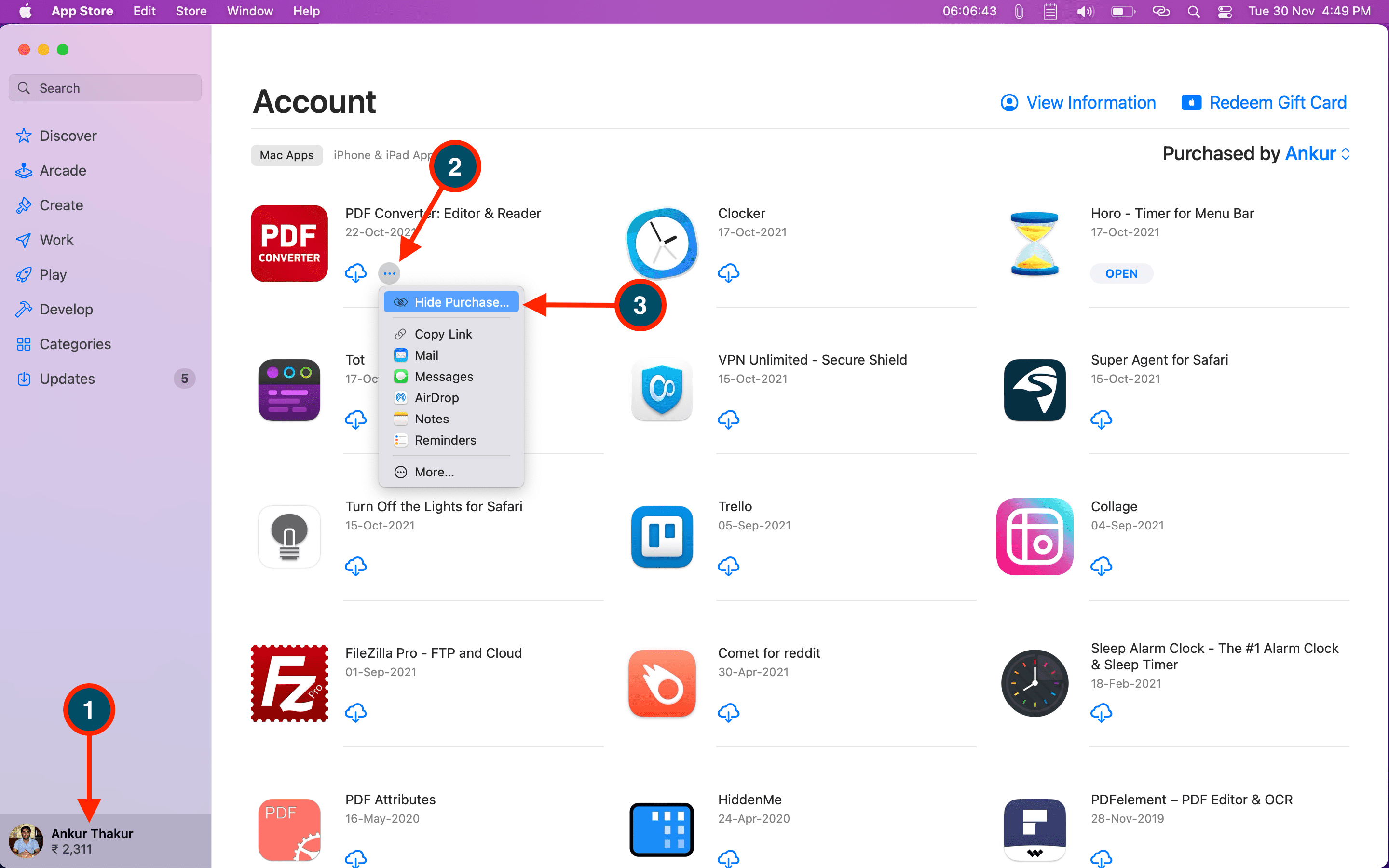 Nascondi acquisto su Mac App Store