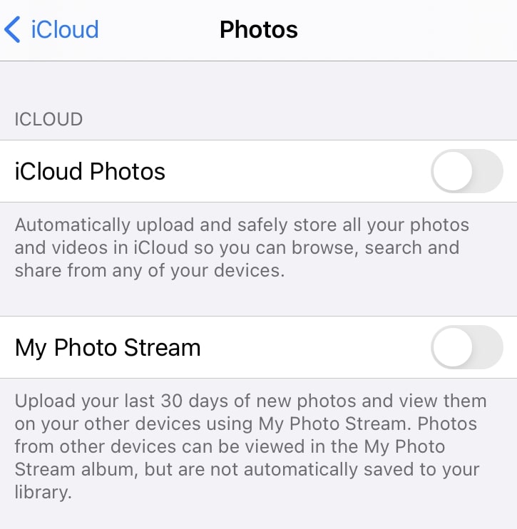 disabilita le foto di iCloud