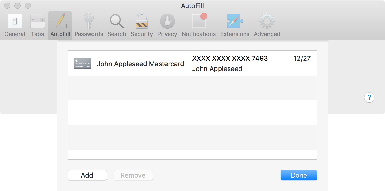rimuovi la carta di credito da safari su mac