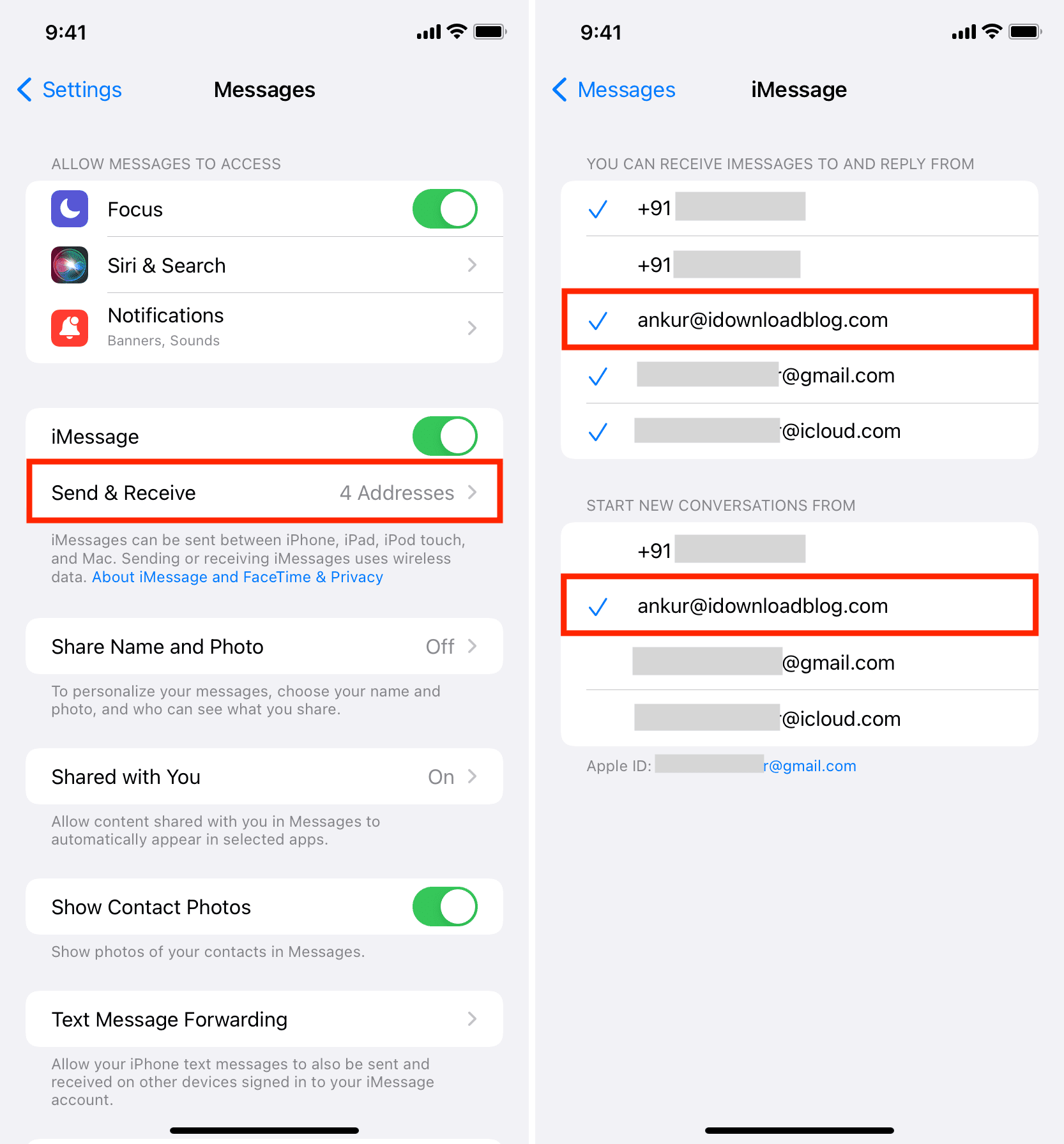 Aggiungi una nuova email a Invia e Ricevi in iMessage su iPhone