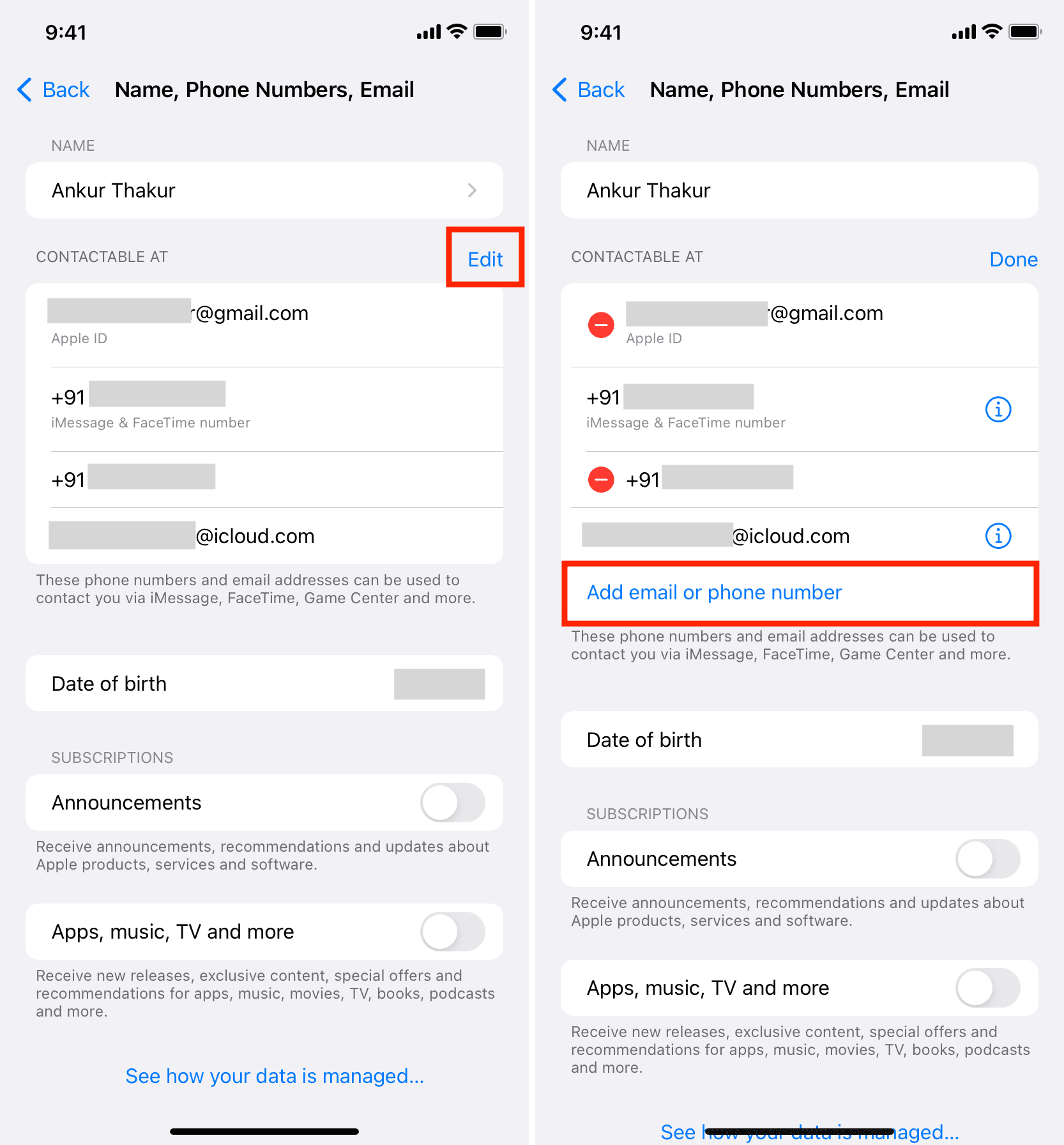 Aggiungi e-mail o numero di telefono all'ID Apple iPhone