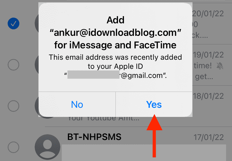 Avviso per aggiungere una nuova email a iMessage e FaceTime