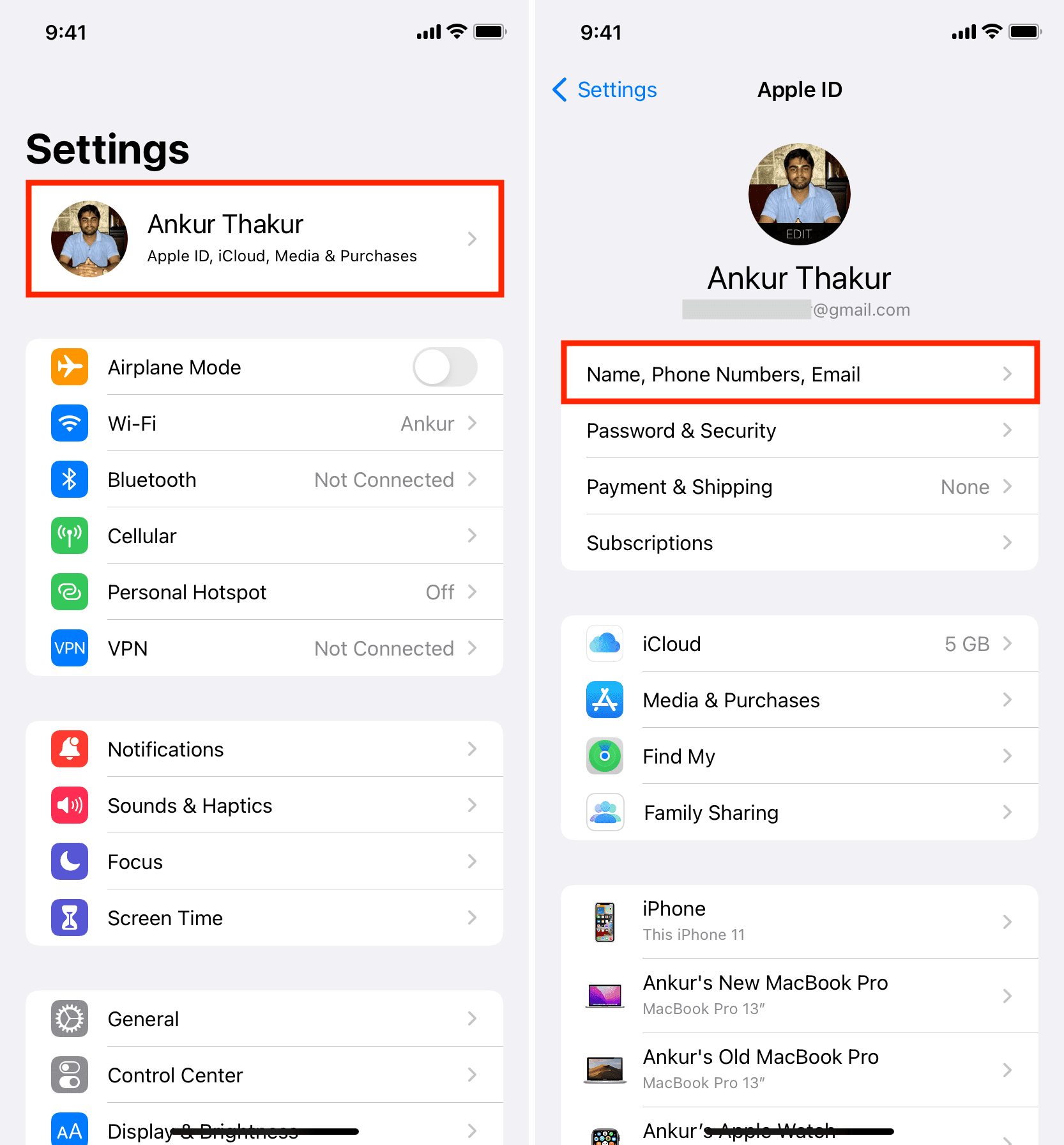 Nome, numeri di telefono, impostazioni e-mail iPhone