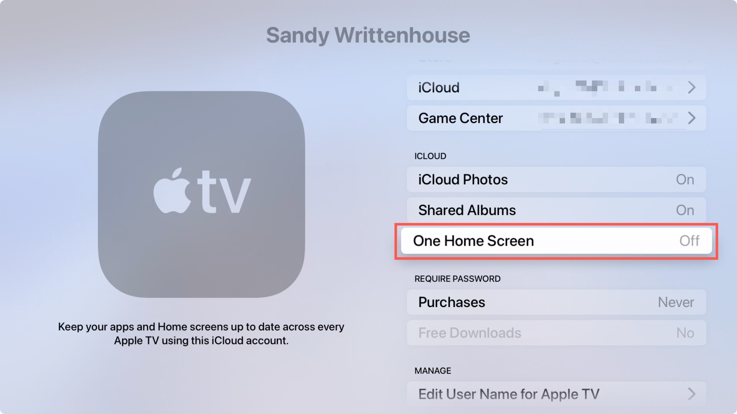 Schermata iniziale di Apple TV One