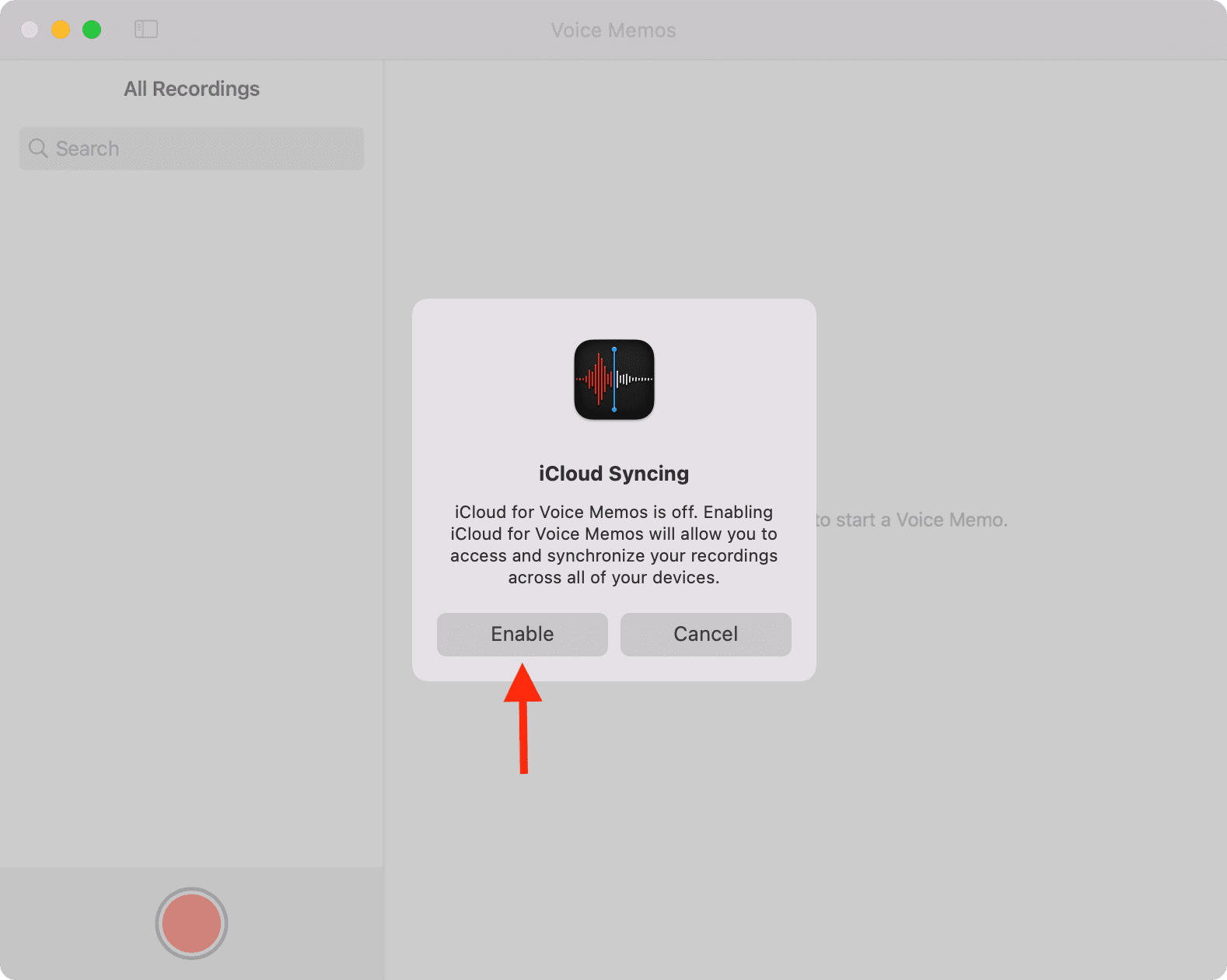Abilita la sincronizzazione di iCloud nell'app Memo vocali su Mac
