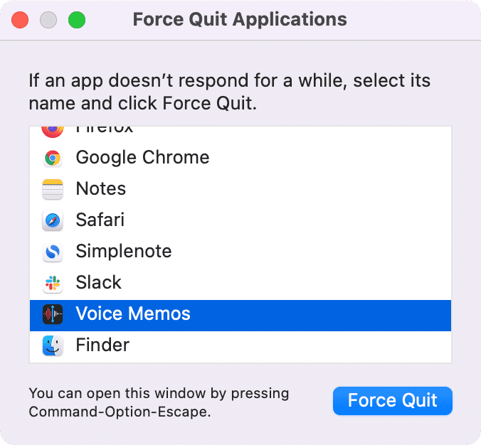 Uscita forzata dall'app Memo vocali su Mac