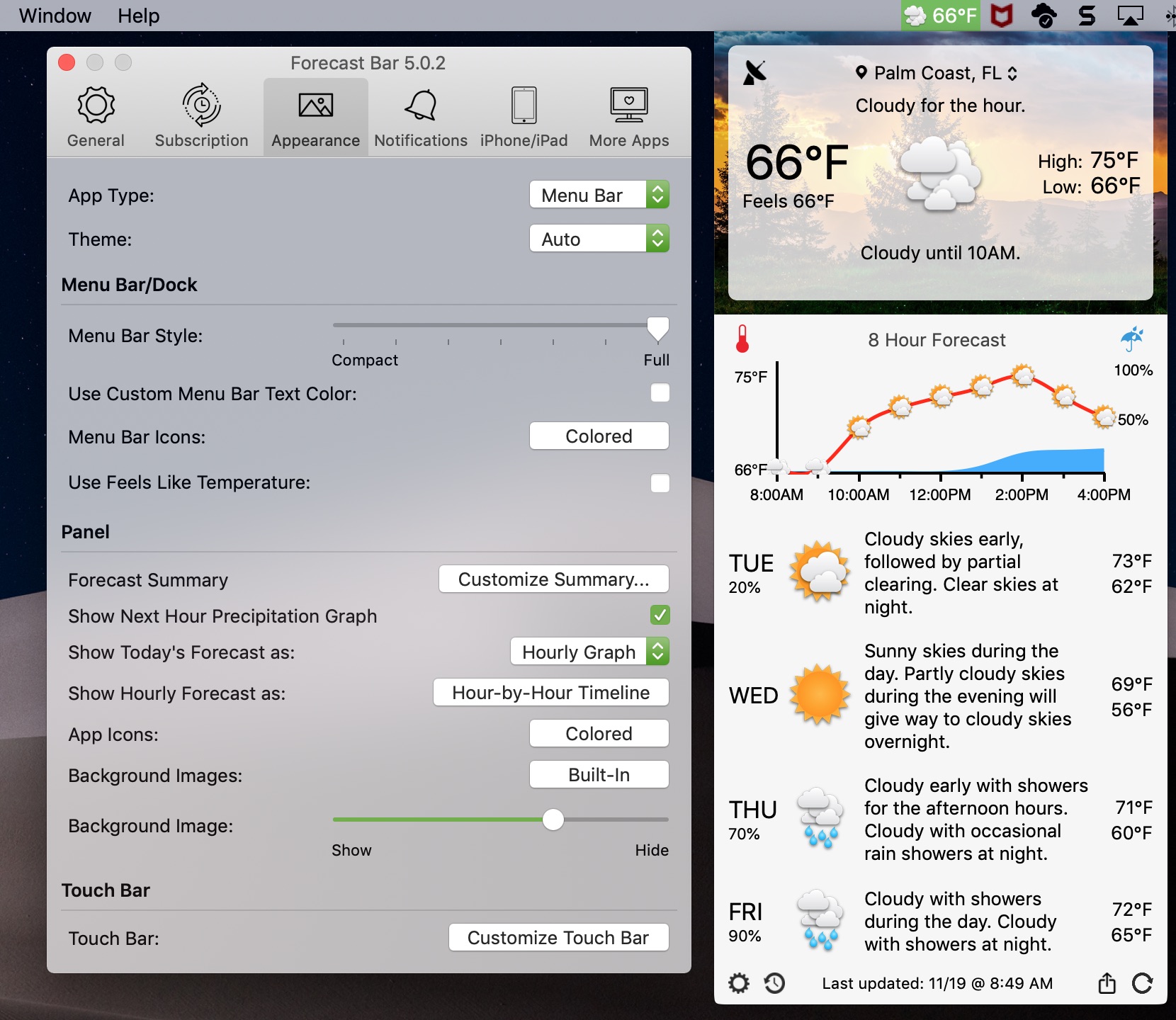 Barra delle previsioni Meteo e impostazioni radar per Mac
