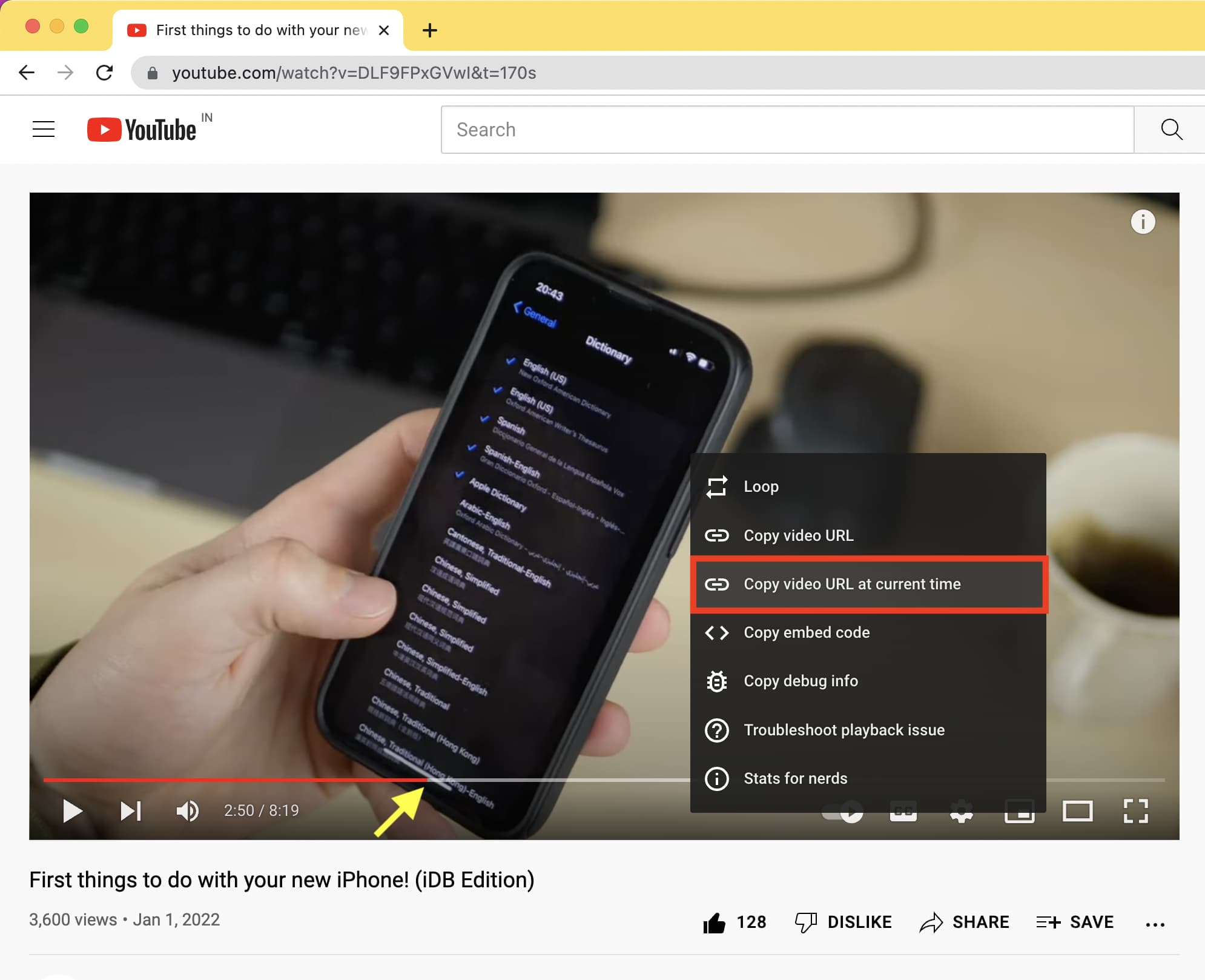 Copia l'URL del video al momento attuale in YouTube sul computer