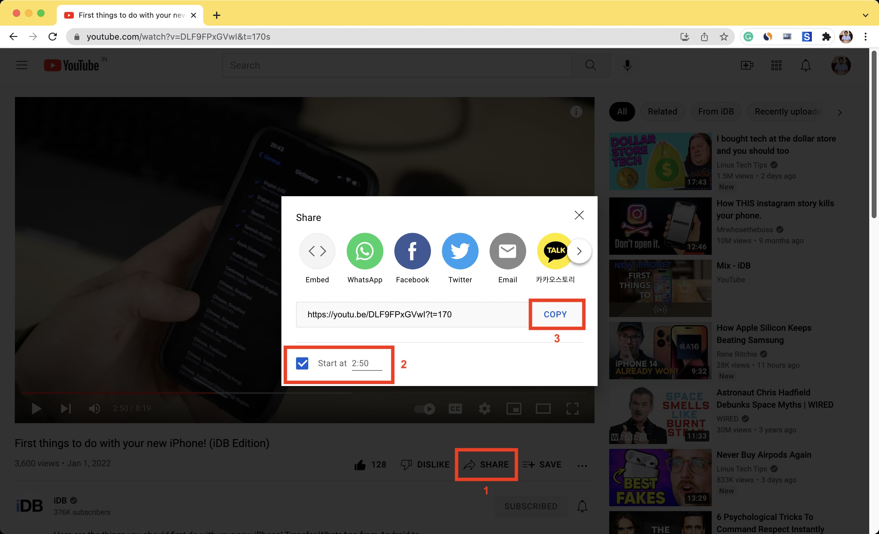 Impostare "Iniziare a" tempo per un video di YouTube nel browser web del computer
