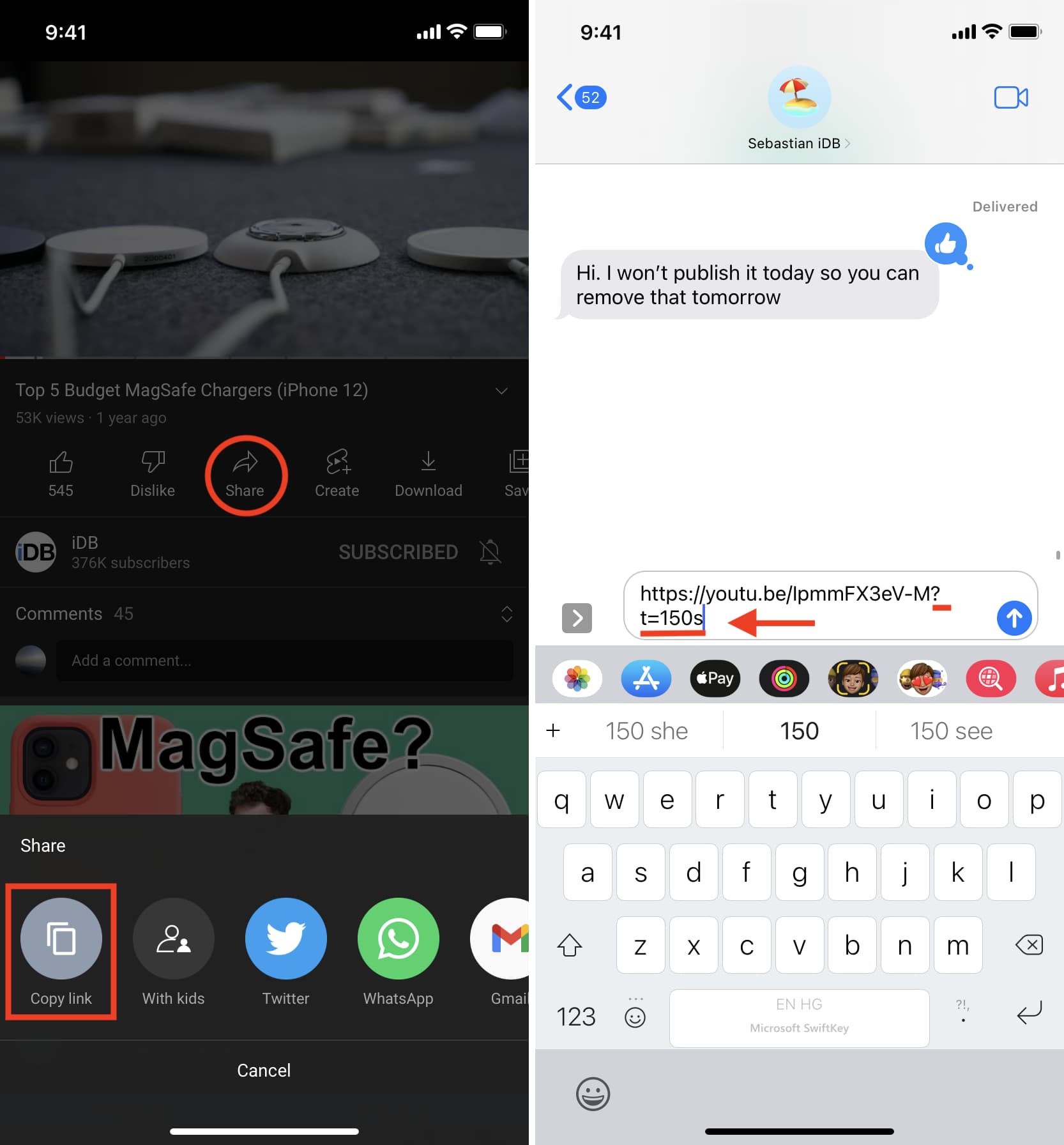 Aggiungi manualmente timestamp al link YouTube su iPhone