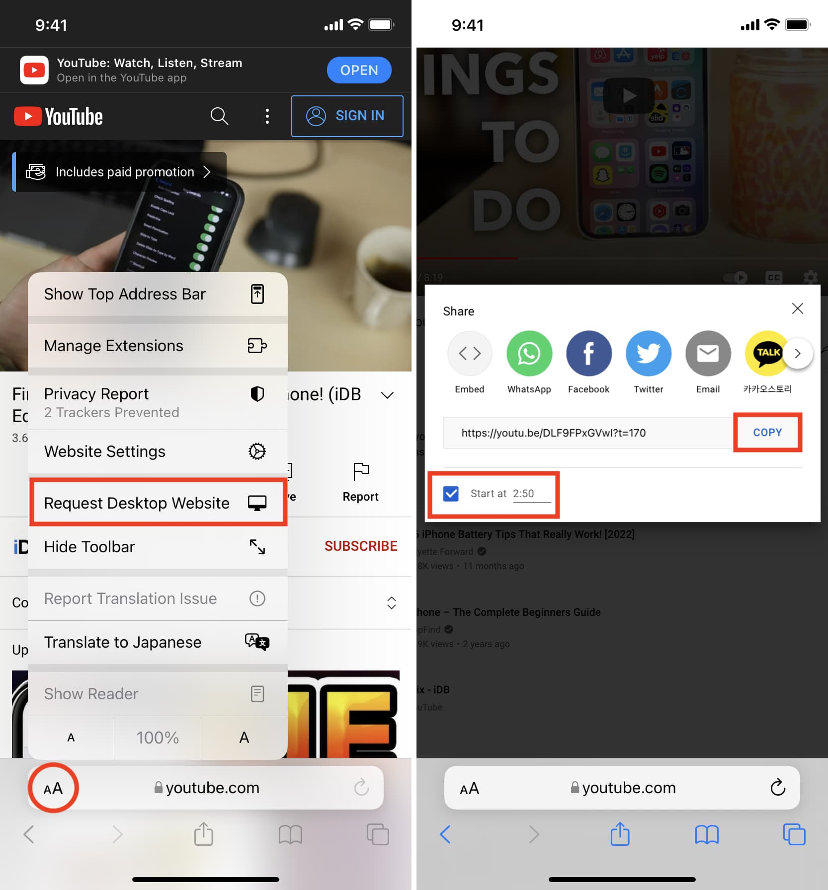 Richiedi il sito Web desktop e copia il timestamp di YouTube sul dispositivo mobile