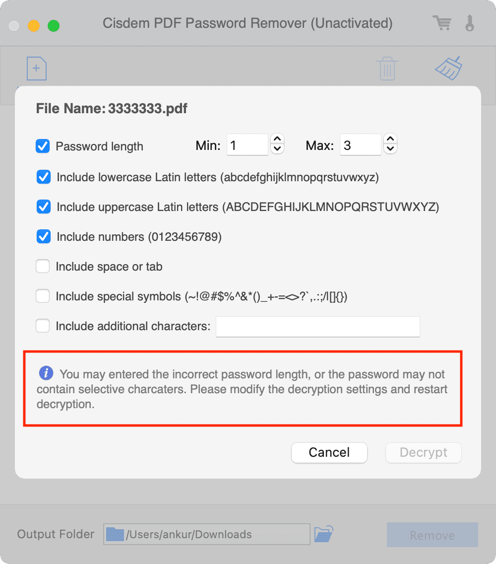 Messaggio di decrittazione PDF