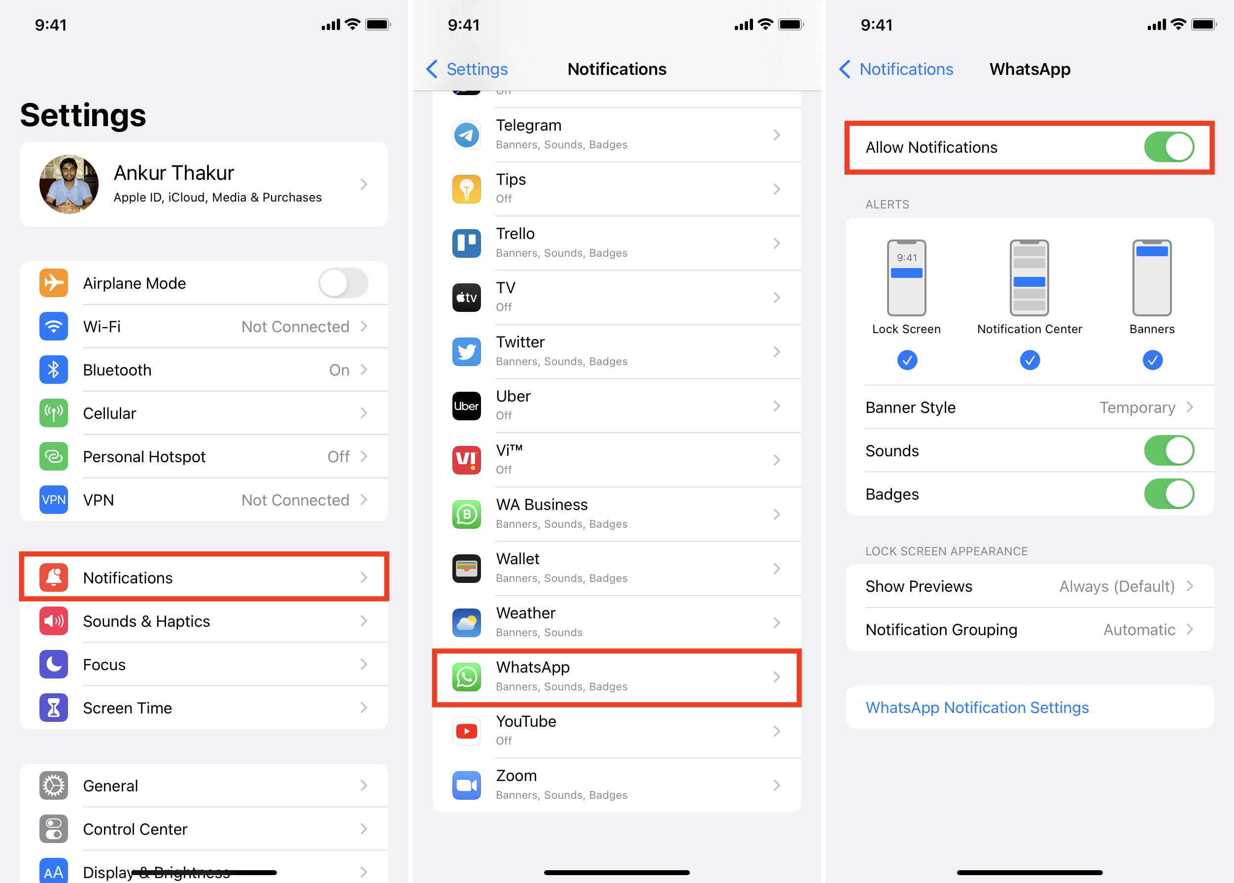 Consenti notifiche per WhatsApp nelle impostazioni dell'iPhone