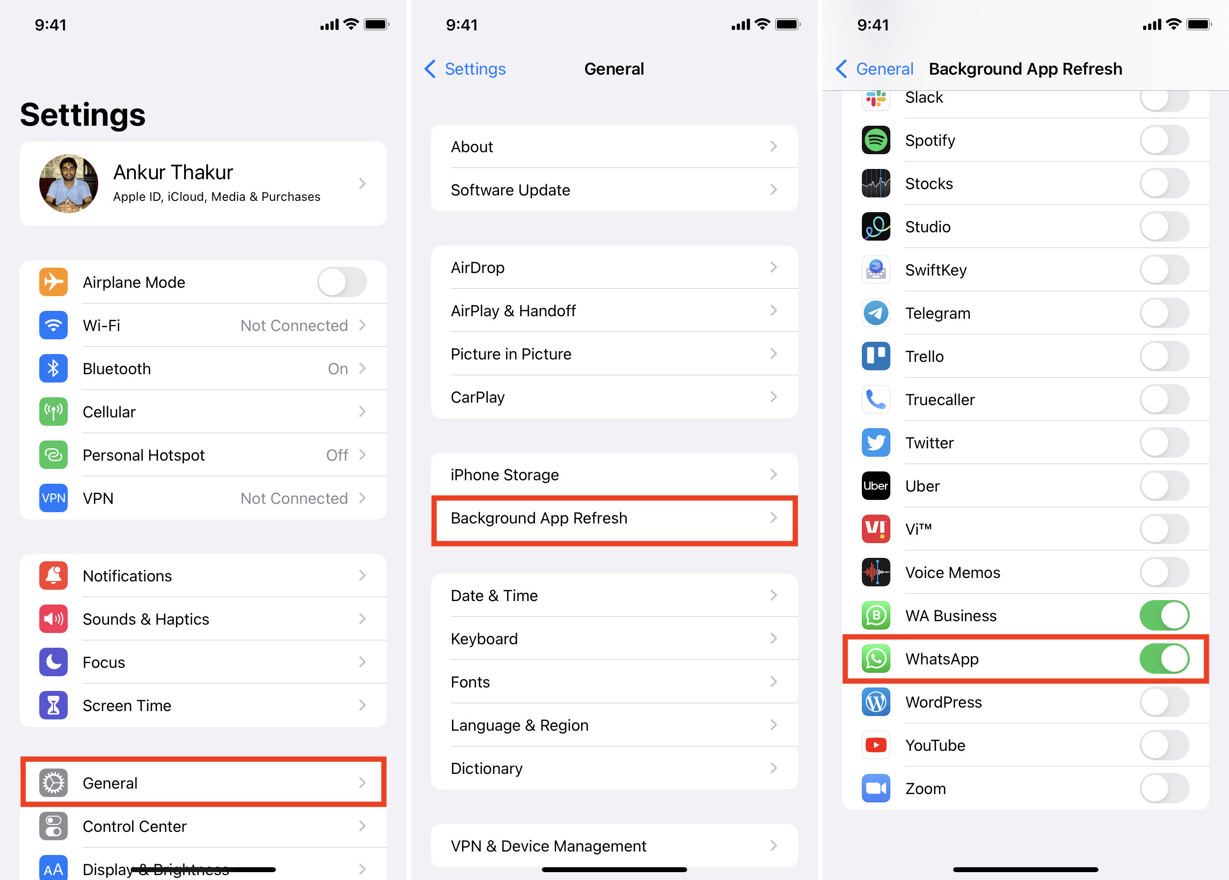 Abilita aggiornamento app in background per WhatsApp