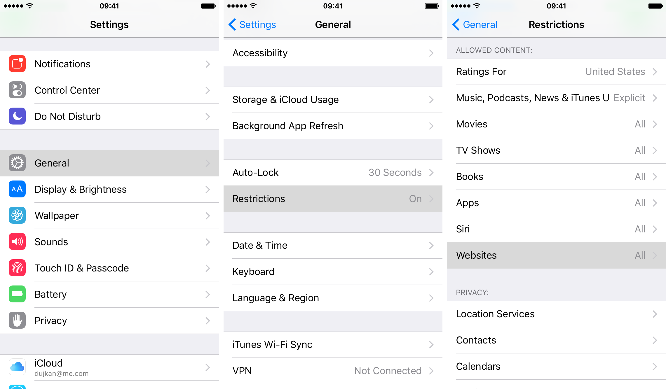 Restrizioni generali Siti Web su iPhone