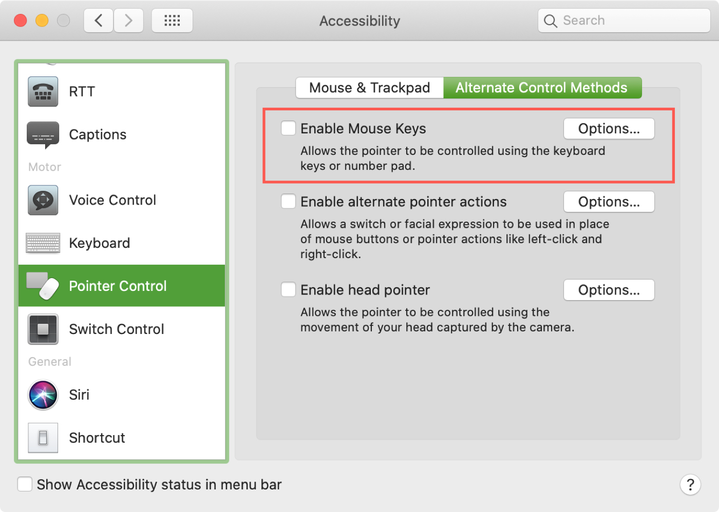 Metodi di controllo alternativi Opzioni dei tasti del mouse