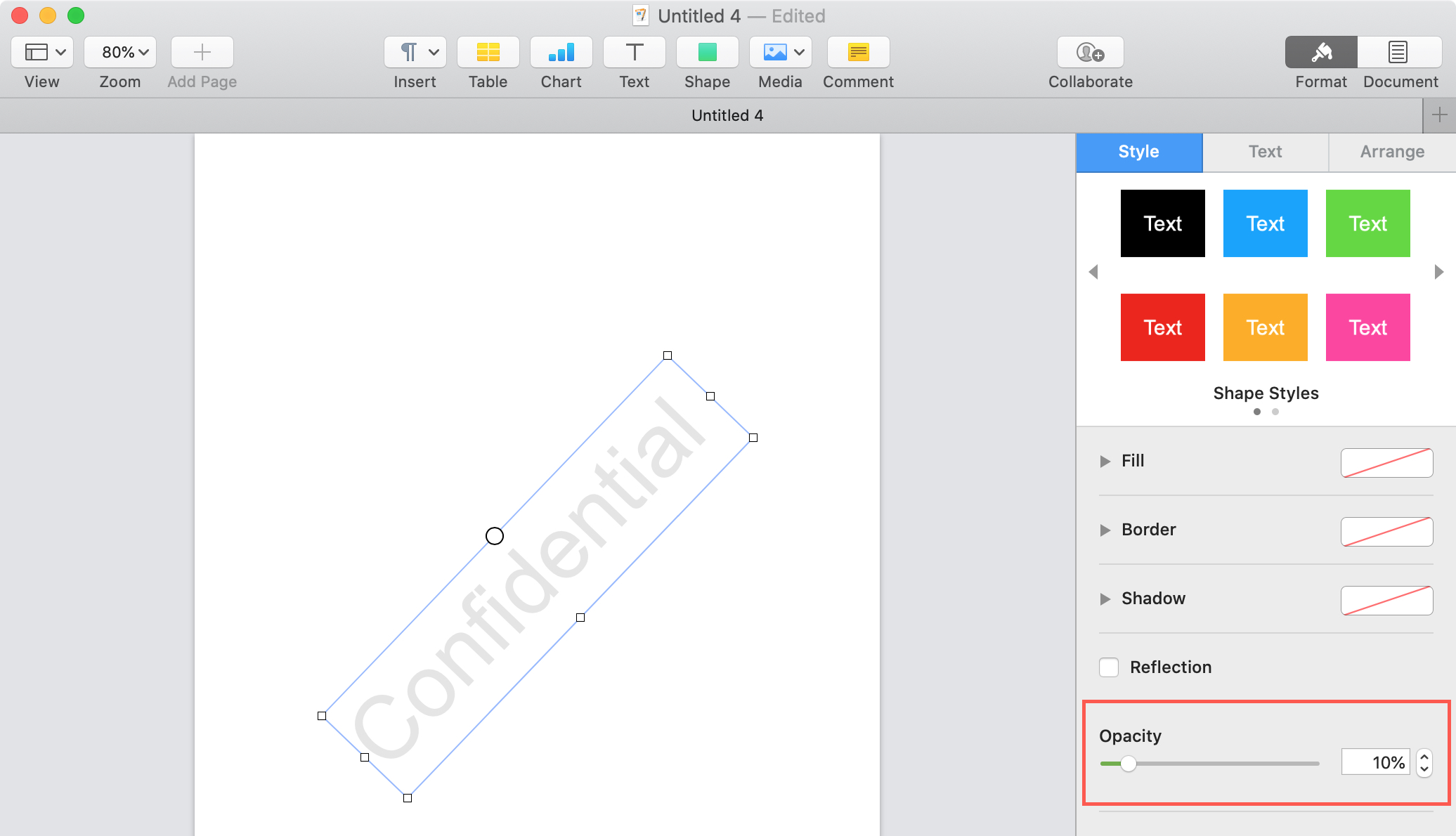 Opacità oggetti di Pages Mac