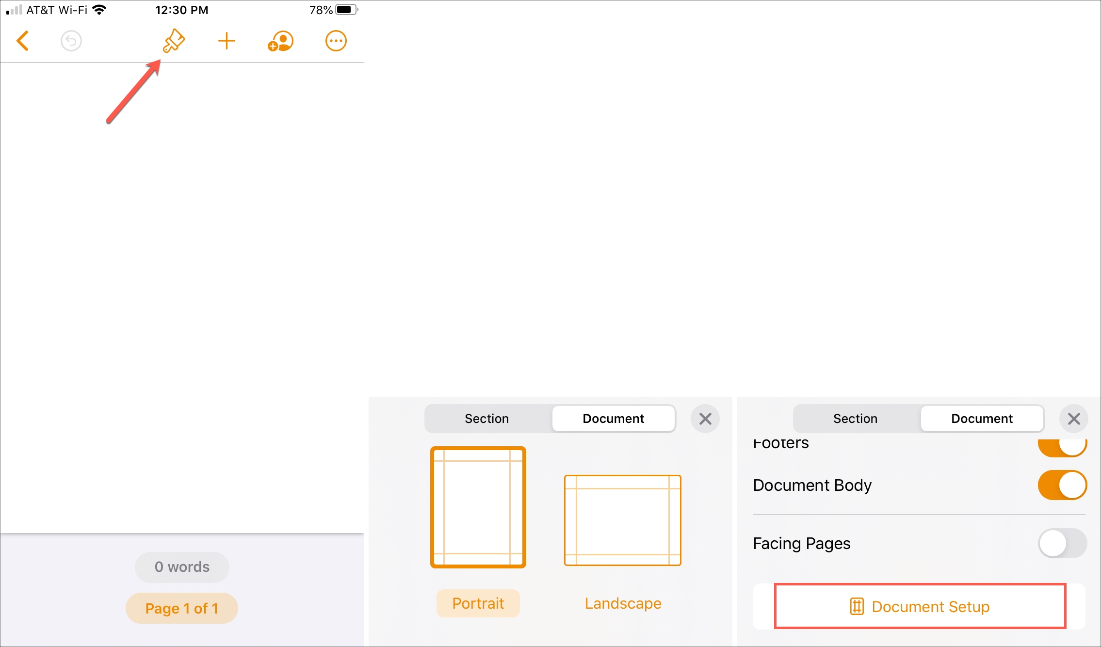 Impostazioni del documento in stile pagine iPhone