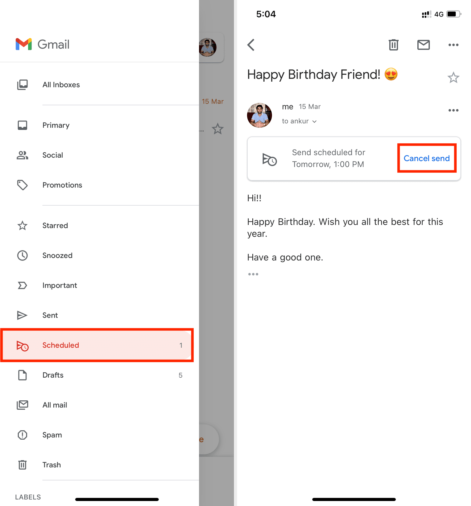 Annulla Pianifica l'e-mail in Gmail su iPhone