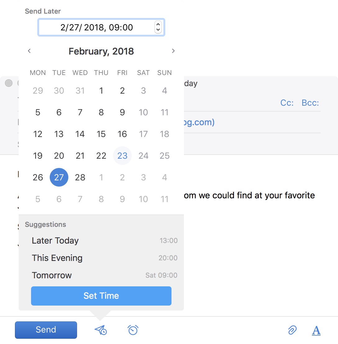 Seleziona la data e l'ora per la pianificazione e-mail su Mac