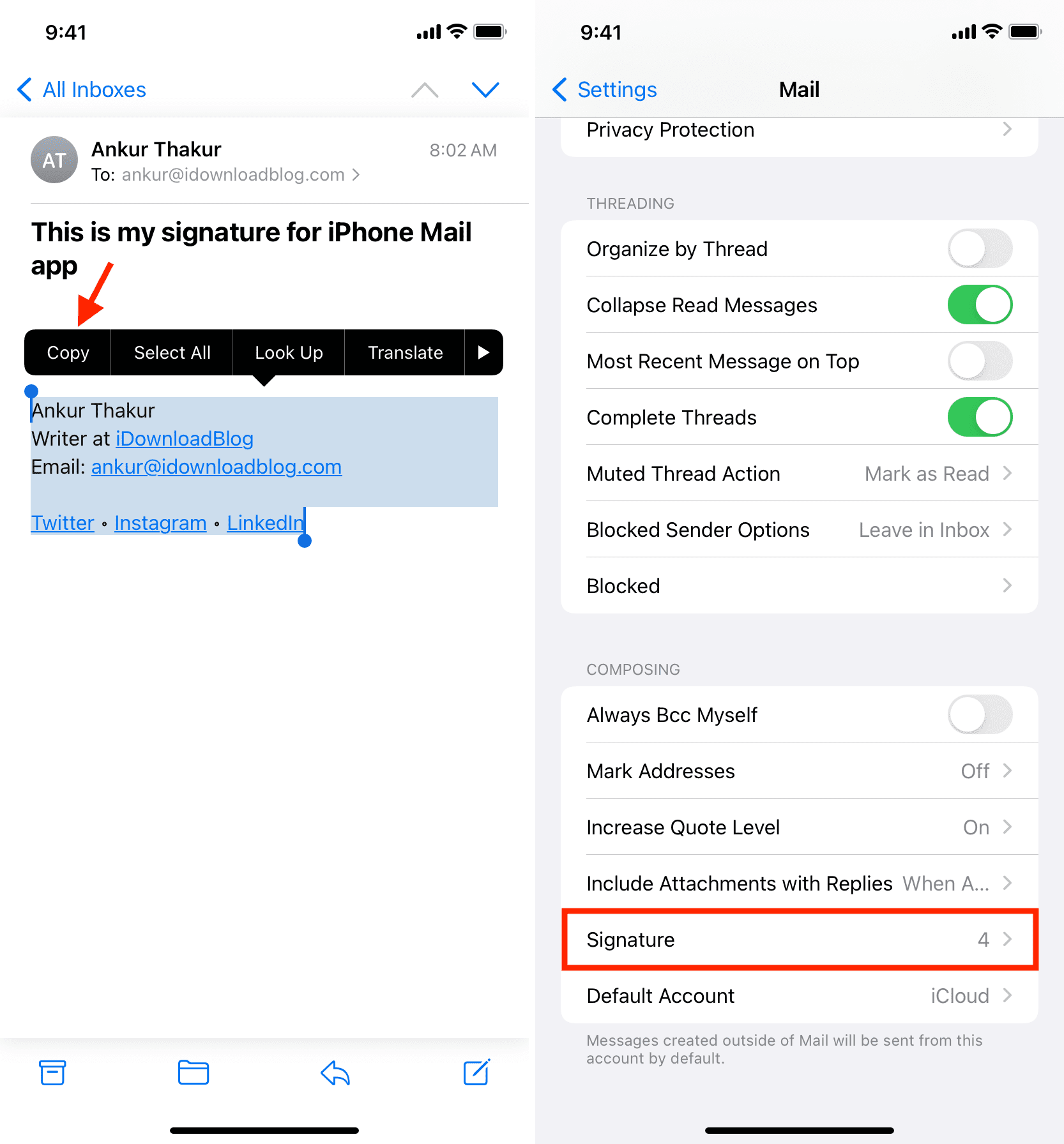 Copia la firma e-mail HTML su iPhone