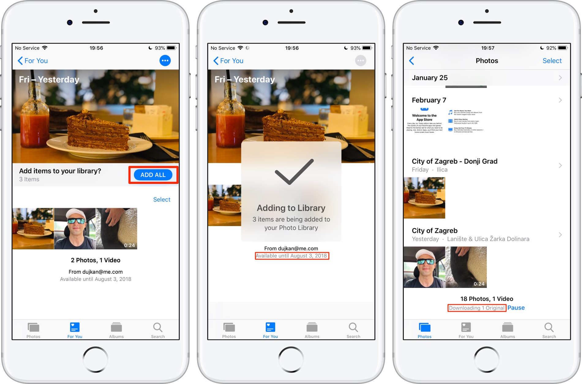 Condividi foto iPhone: uno screenshot che mostra il processo di aggiunta di tutti i media condivisi alla libreria Foto