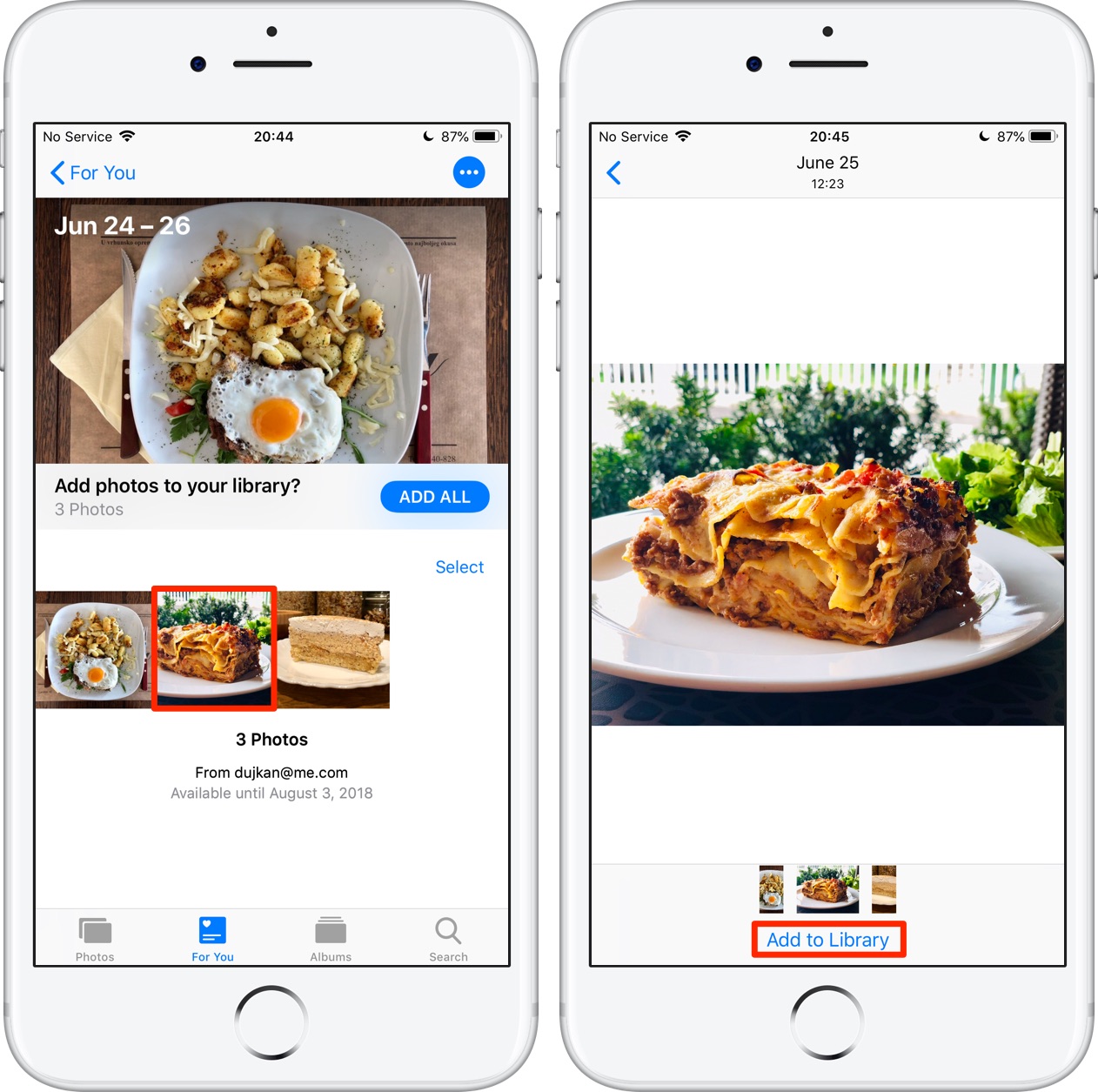 Condividi foto iPhone: uno screenshot che mostra il processo di aggiunta di un singolo elemento condiviso alla libreria Foto