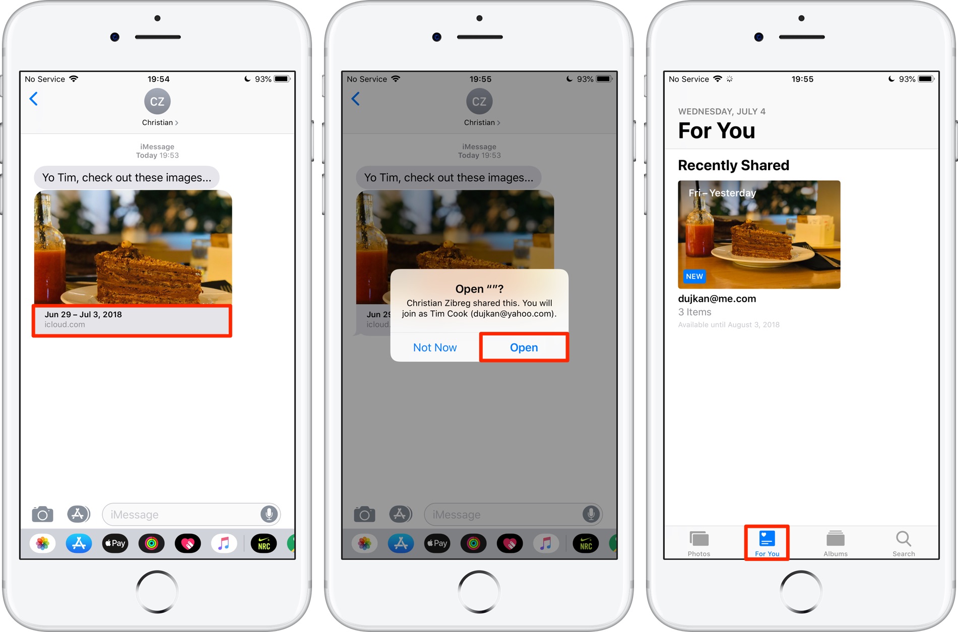 Condividi foto iPhone: uno screenshot che mostra l'apertura di un collegamento di condivisione multimediale di iCloud.com da Messaggi iOS