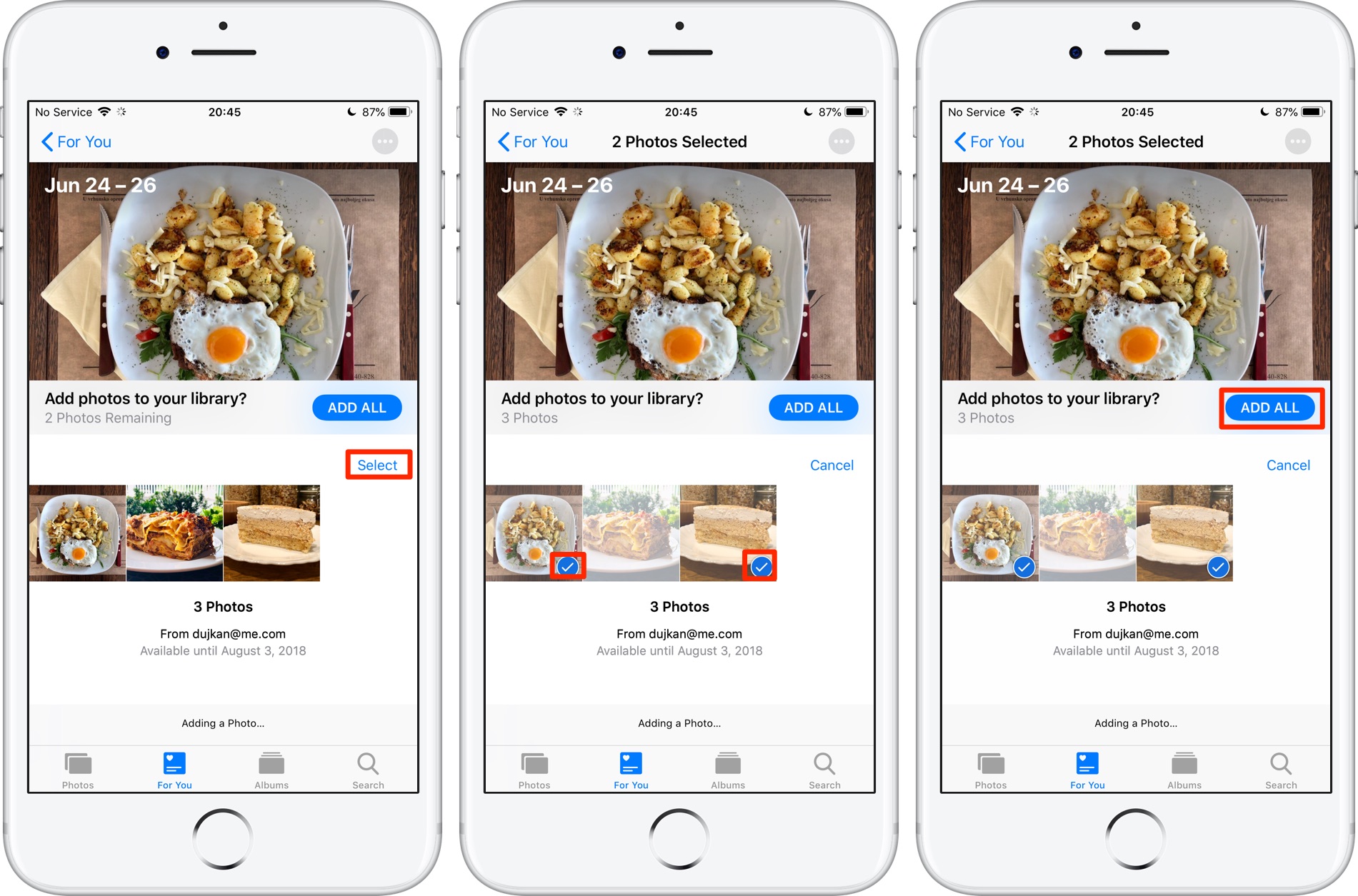 Condividi foto iPhone: uno screenshot che mostra il processo di aggiunta di una selezione degli elementi condivisi alla libreria Foto