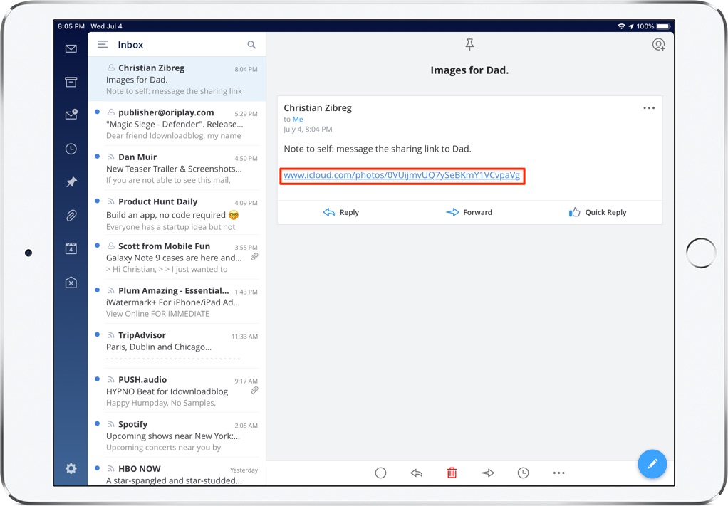 Condividi le foto dell'iPhone: un messaggio di posta elettronica di esempio in Spark per iPad con un collegamento di condivisione multimediale di iCloud.com incluso