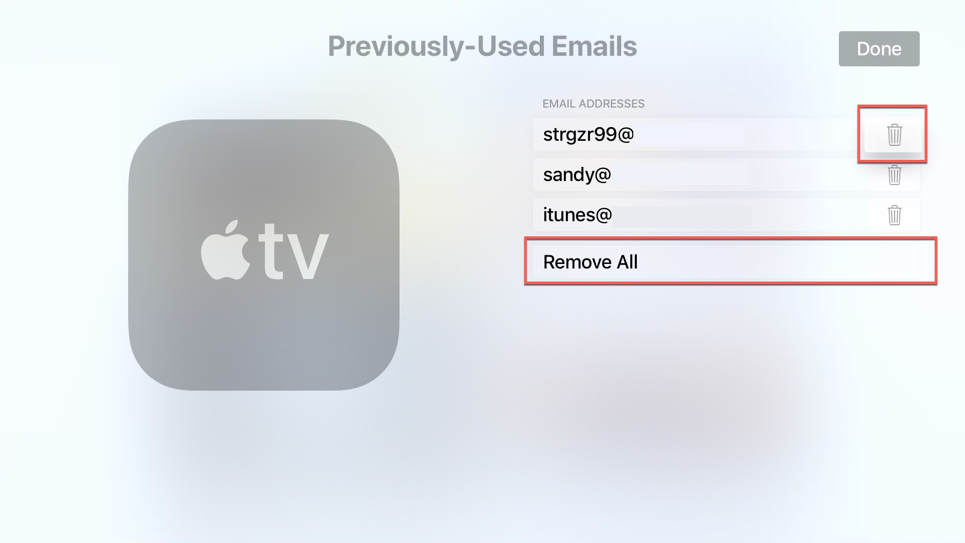 apple tv elimina e-mail
