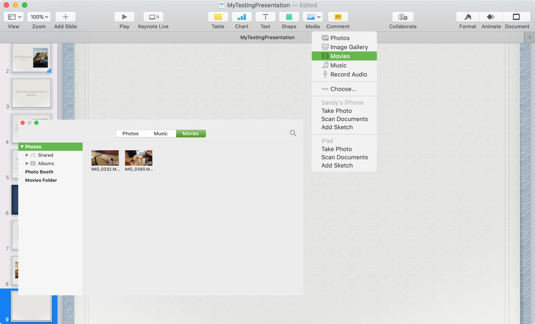 Inserisci Video Keynote Mac