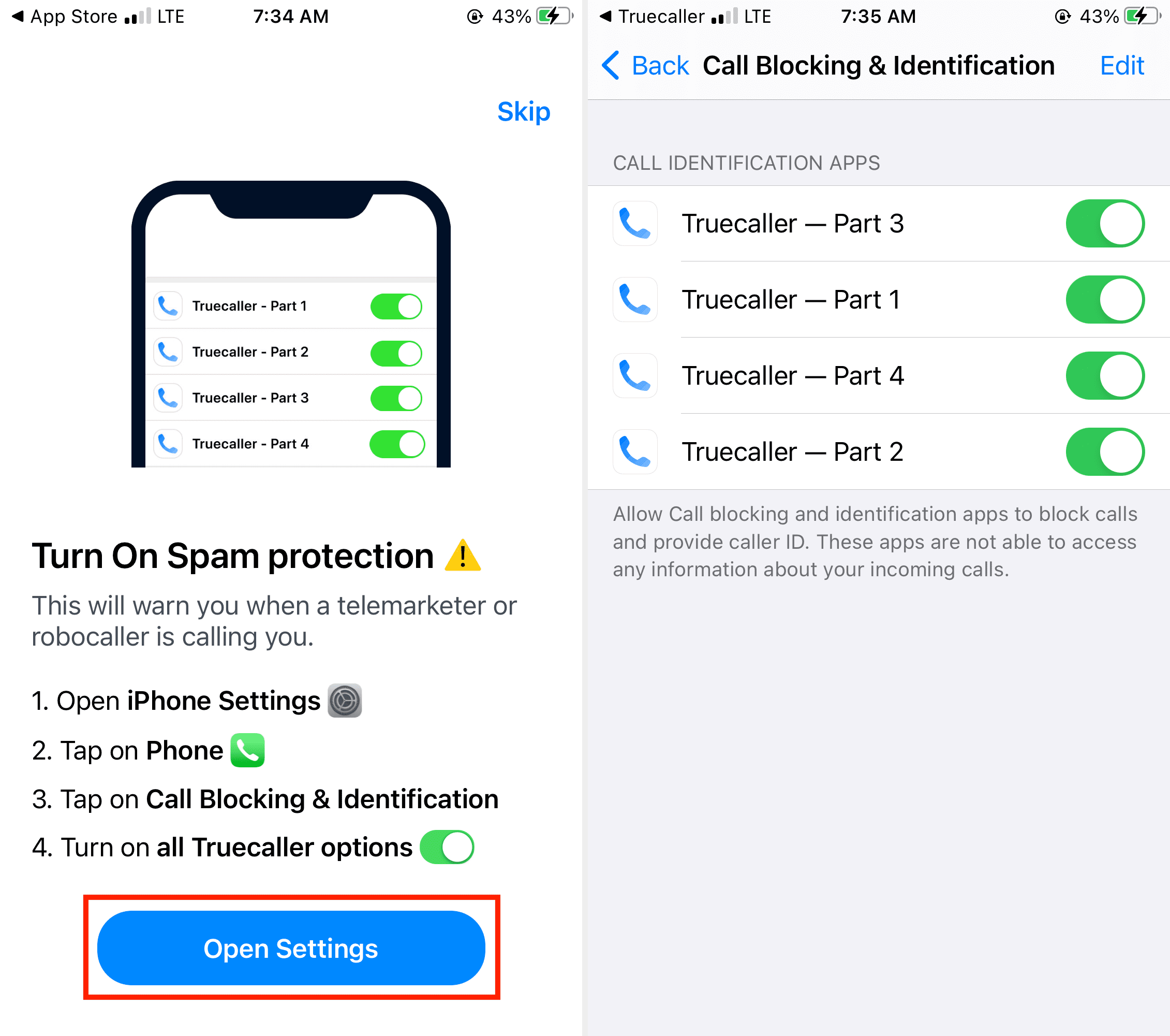 Attiva la protezione antispam utilizzando Truecaller su iPhone