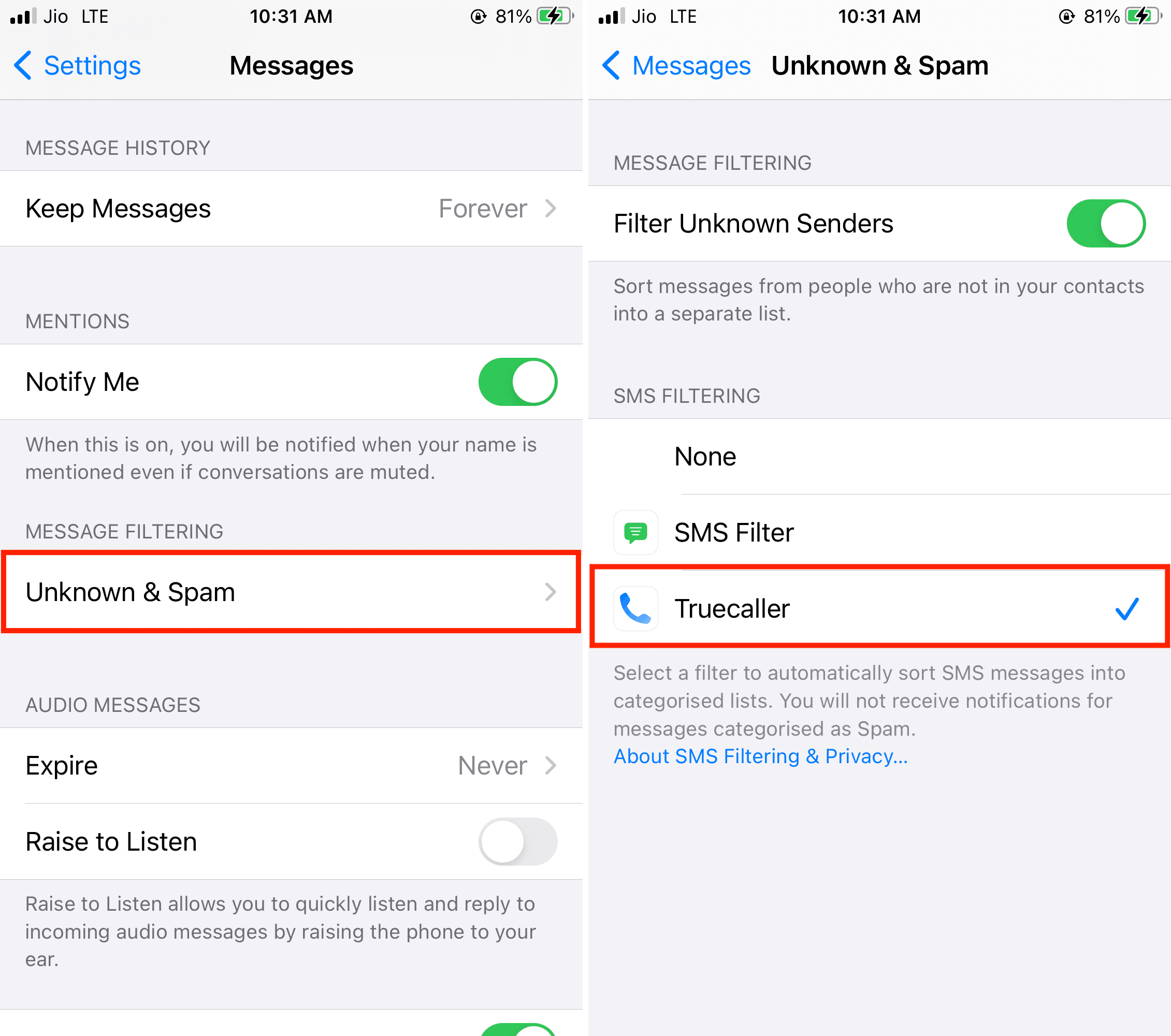 Filtraggio SMS tramite Truecaller su iPhone