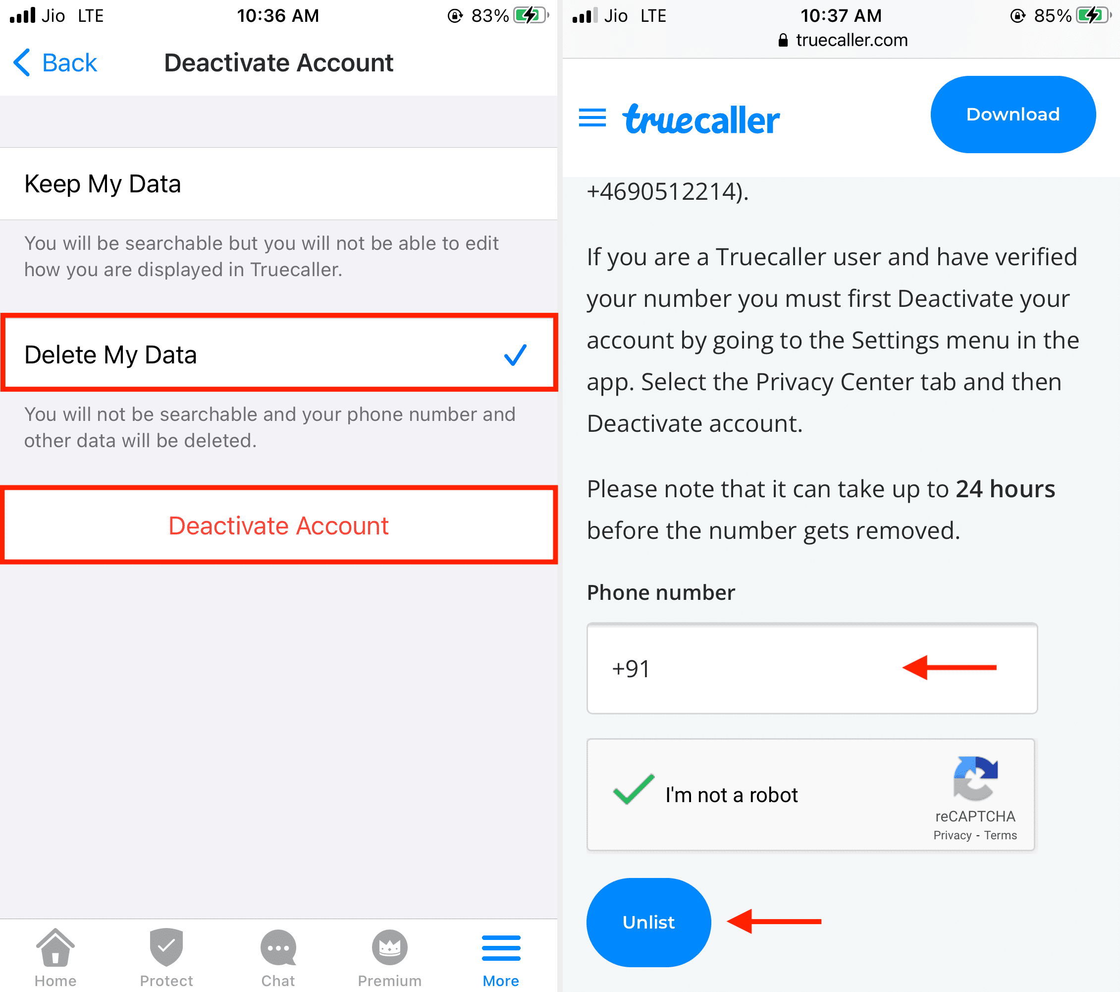 Rimuovi il numero da Truecaller
