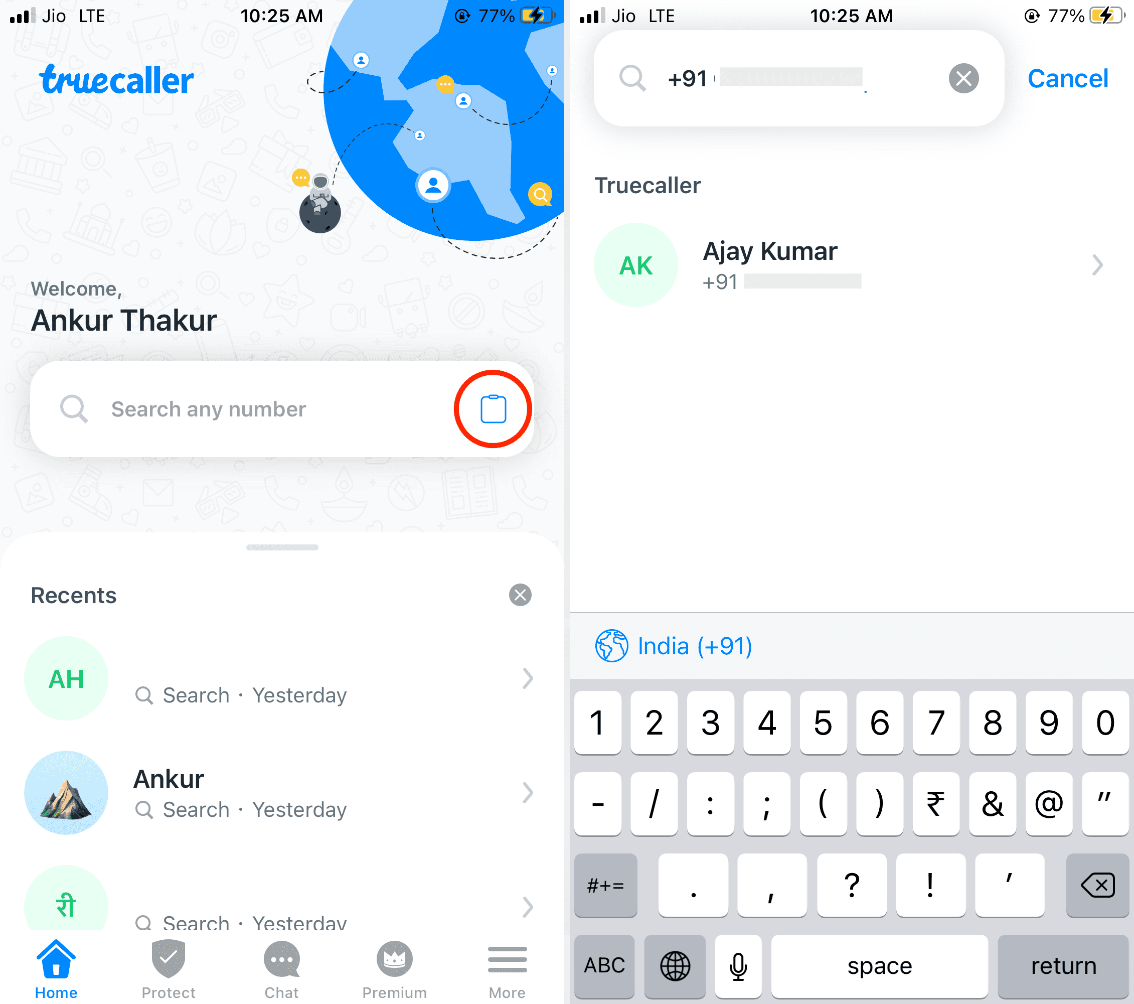 Cerca il numero manualmente o tramite gli appunti in Truecaller