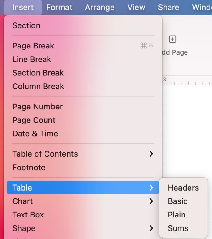 Inserisci una tabella dalla barra dei menu in Pages su Mac