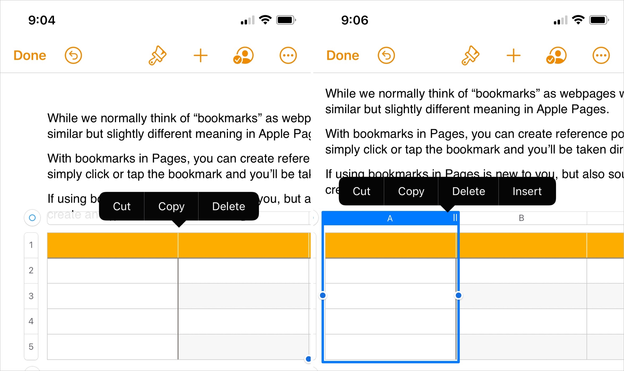 Rimuovi una tabella in Pages su iPhone