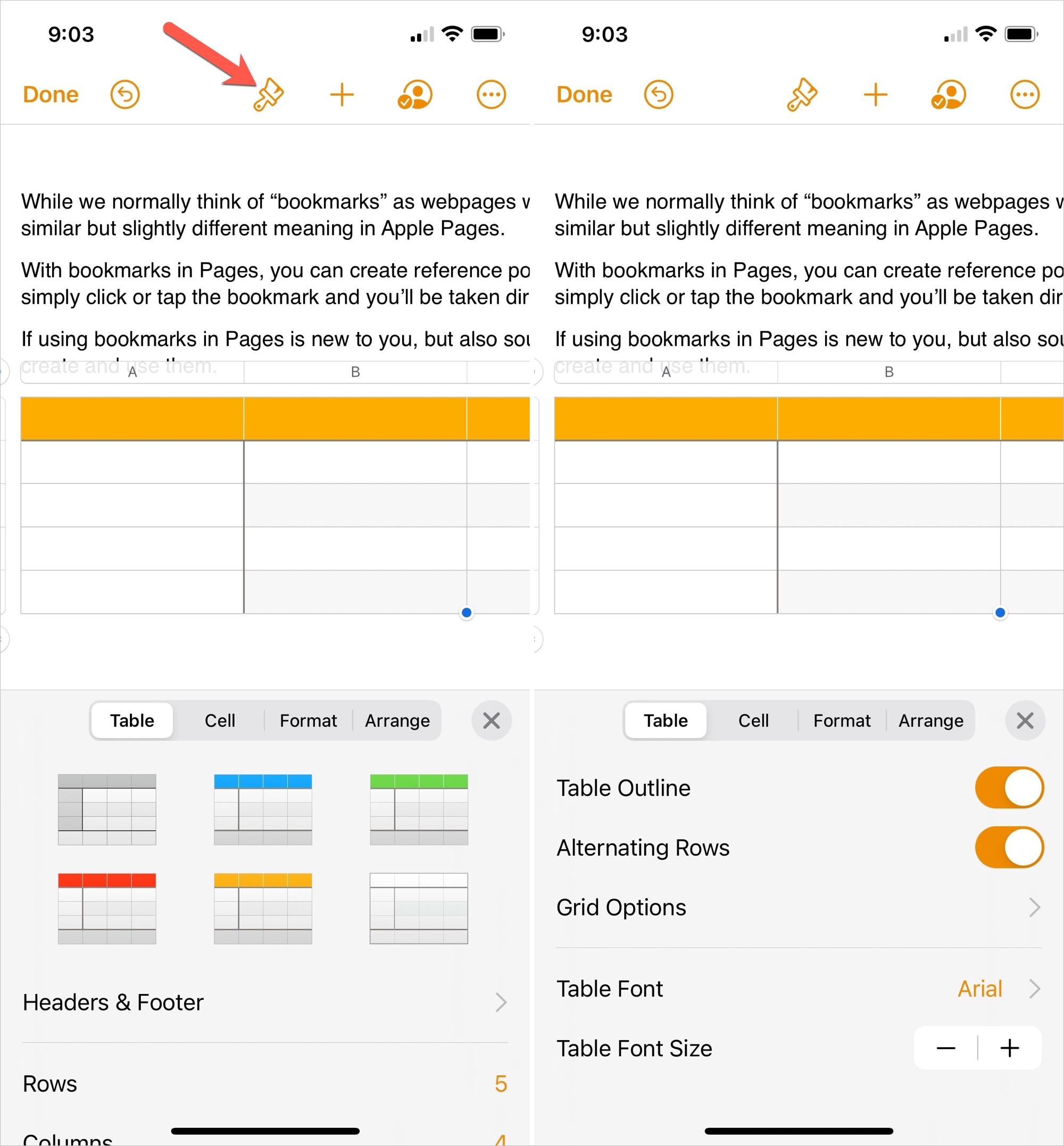 Formatta una tabella in Pages su iPhone