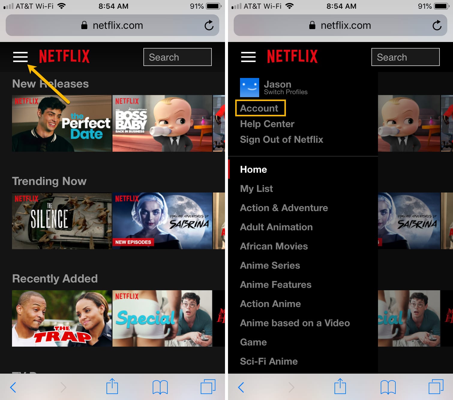 Impostazioni dell'account Netflix su iPhone